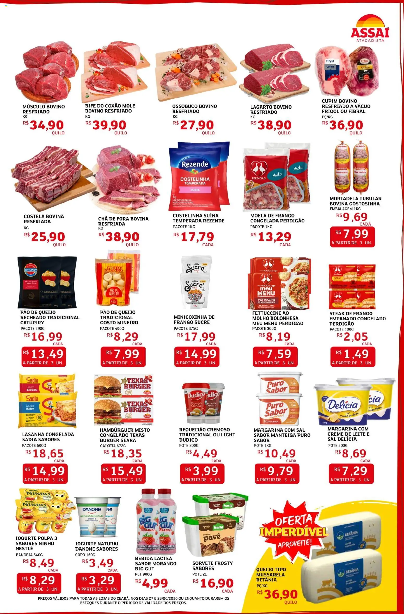 Assaí Atacadista Folheto - válido de 27/06/2026 | Página: 2 | Produtos: Leite, Pão, Mortadela, Pão de queijo