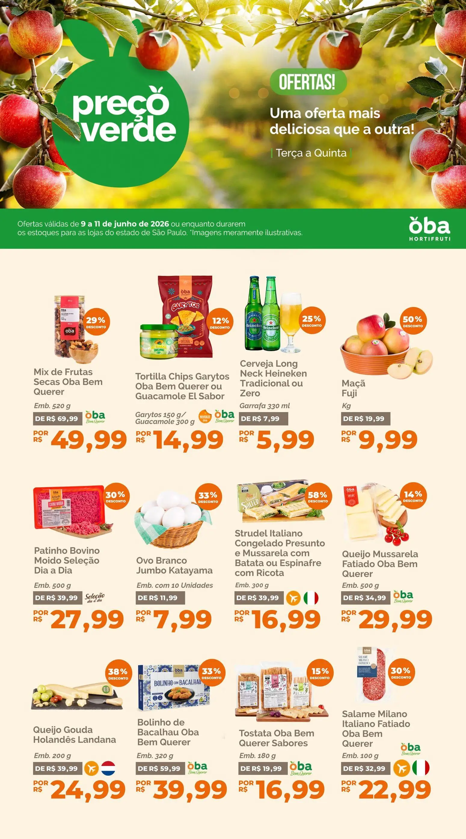 Oba Hortifruti Folheto - válido de 09.06.2026 | Página: 1 | Produtos: Espinafre, Salame, Gouda, Mussarela