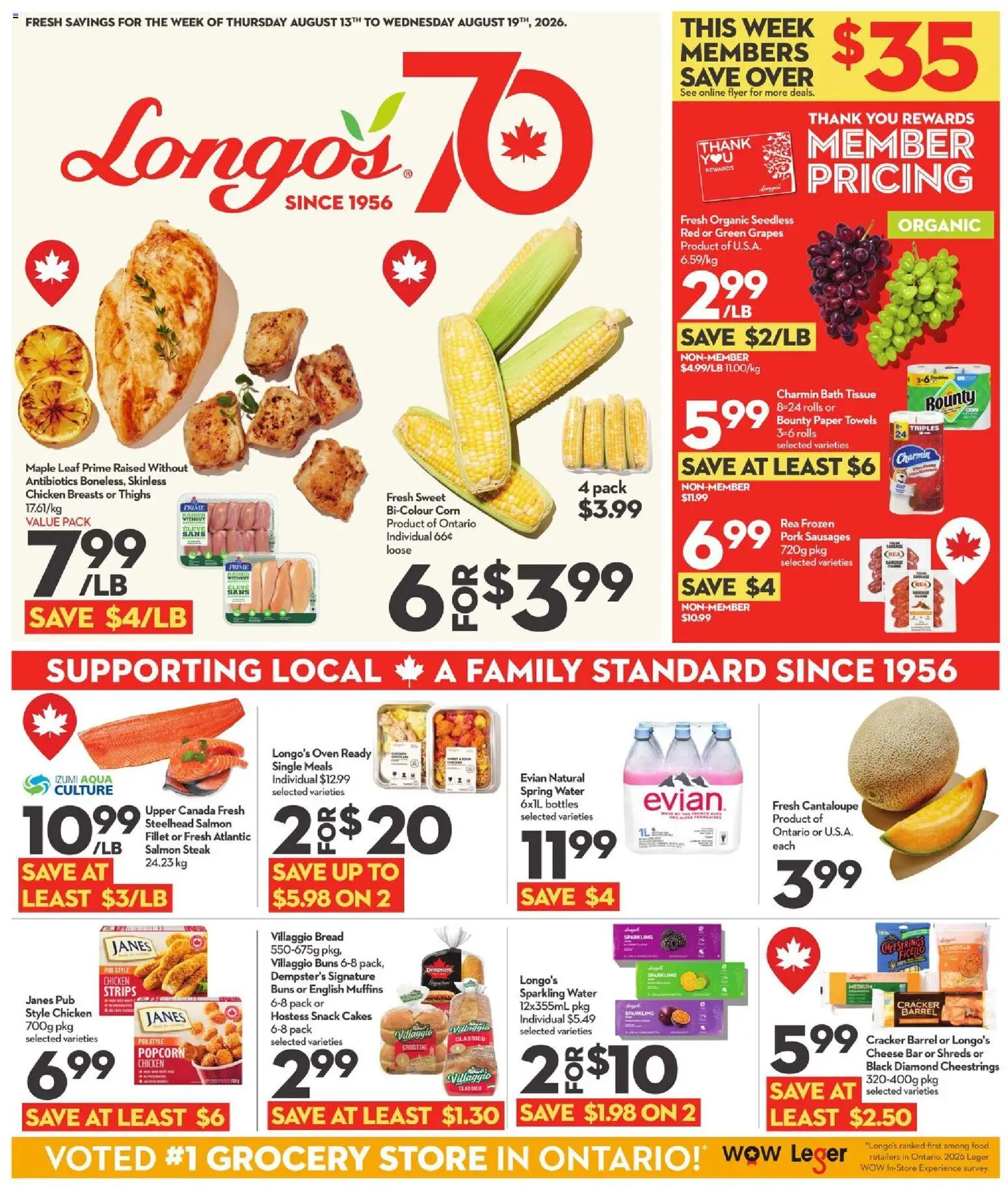 Longo's flyer valid from Aug 13, 2026 | Page: 1 | Products: Water, Paper towels, Sausages, Spring water