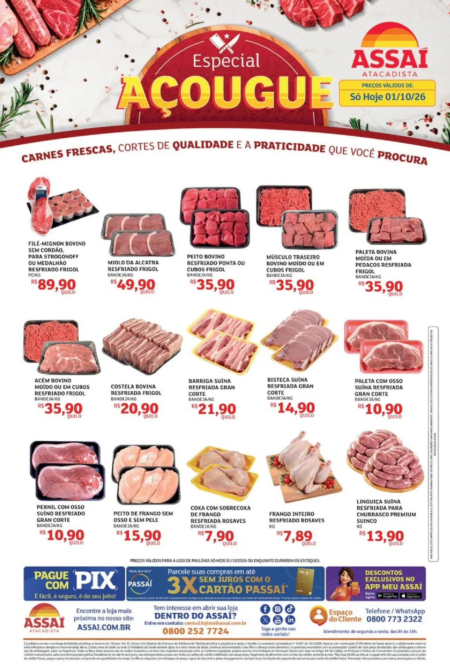 Assaí Atacadista Folheto - válido de 01/10/2026 | Página: 1 | Produtos: Linguiça, Costela bovina, Frango, Peito de frango