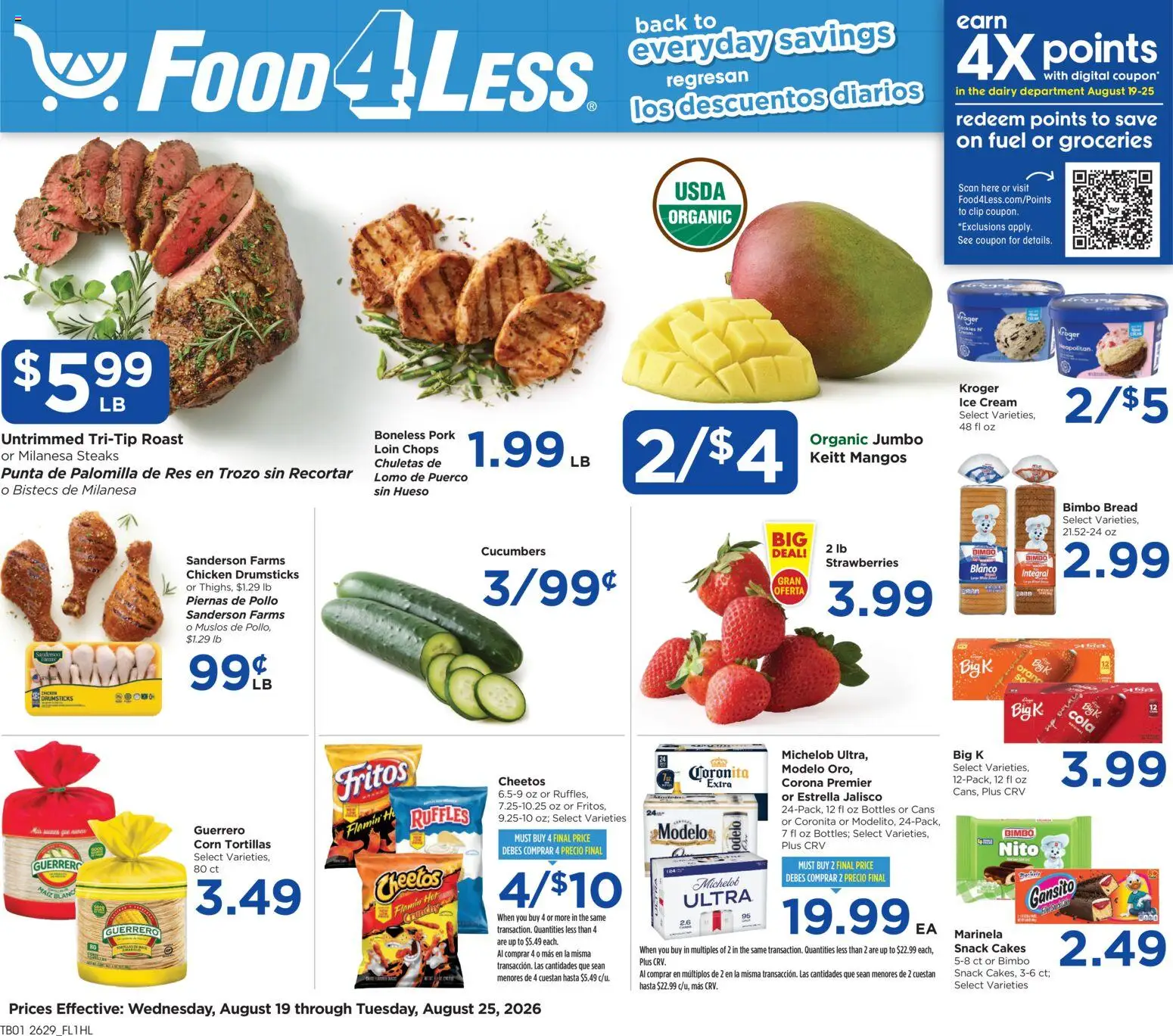 Food 4 Less Weekly Ad - valid from 08/19/2026 | Page: 1 | Products: Clip, Chicken drumsticks, Pork, Ice