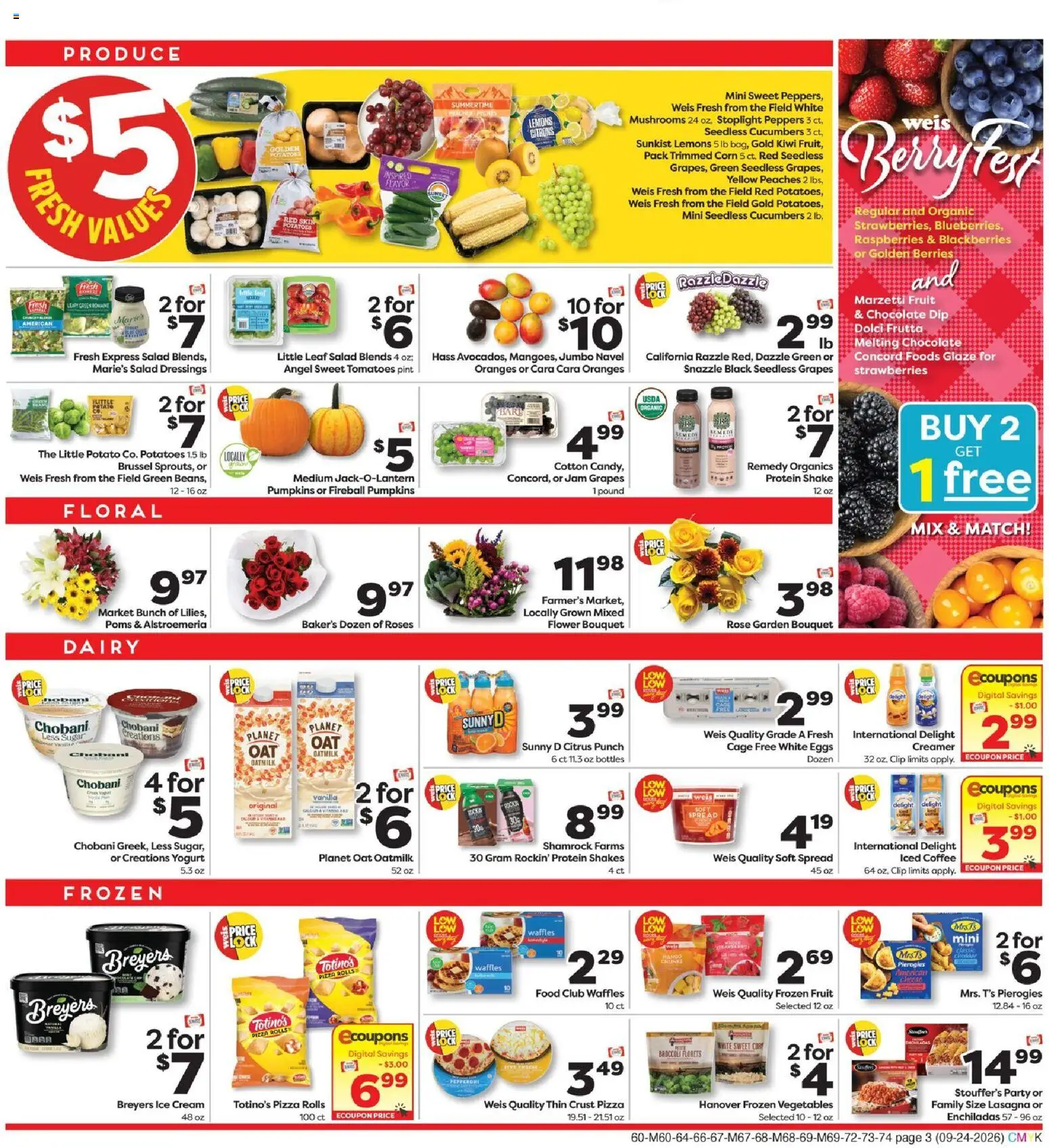 Weis Weekly Ad - valid from 09/24/2026 | Page: 3 | Products: Pizza, Ice cream, Iced coffee, Frozen fruit