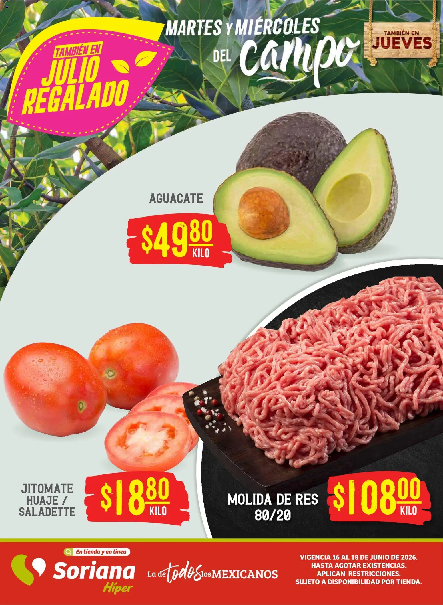 Nuevas ofertas de Soriana válidas en toda la República Mexicana desde el 16.06.2026. ¡Encuentra las mejores ofertas en Soriana Martes y Miércoles del Campo Híper: Chih, Delicias, Dur y Coah (excepto Saltillo)! | Página: 1 | Productos: Aguacate, Res