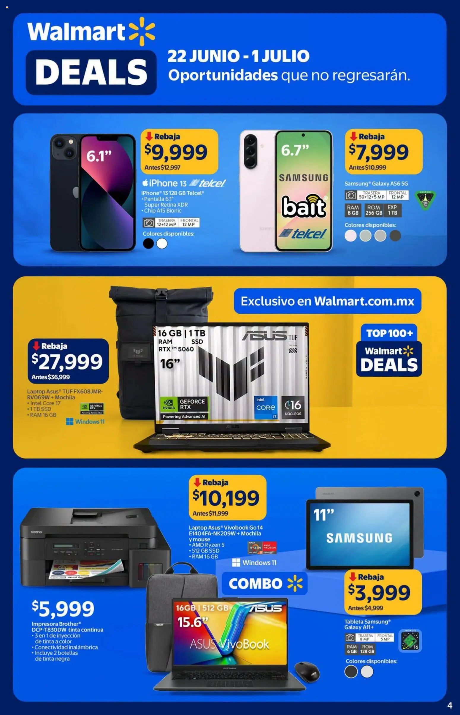 Nuevas ofertas de Walmart válidas en toda la República Mexicana desde el 22/06/2026. ¡Encuentra las mejores ofertas en Walmart folleto Deals! | Página: 4 | Productos: Mouse, Impresora, Top, Tableta