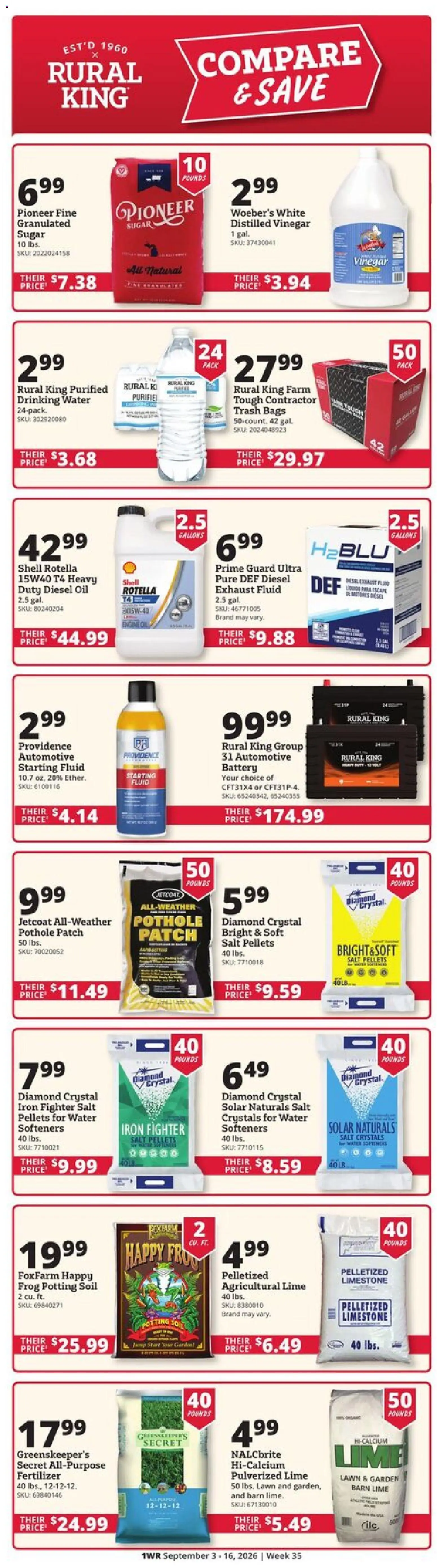 Rural King Weekly Ad - valid from 09/03/2026 | Page: 1 | Products: Soil, Fertilizer, Salt, Sugar