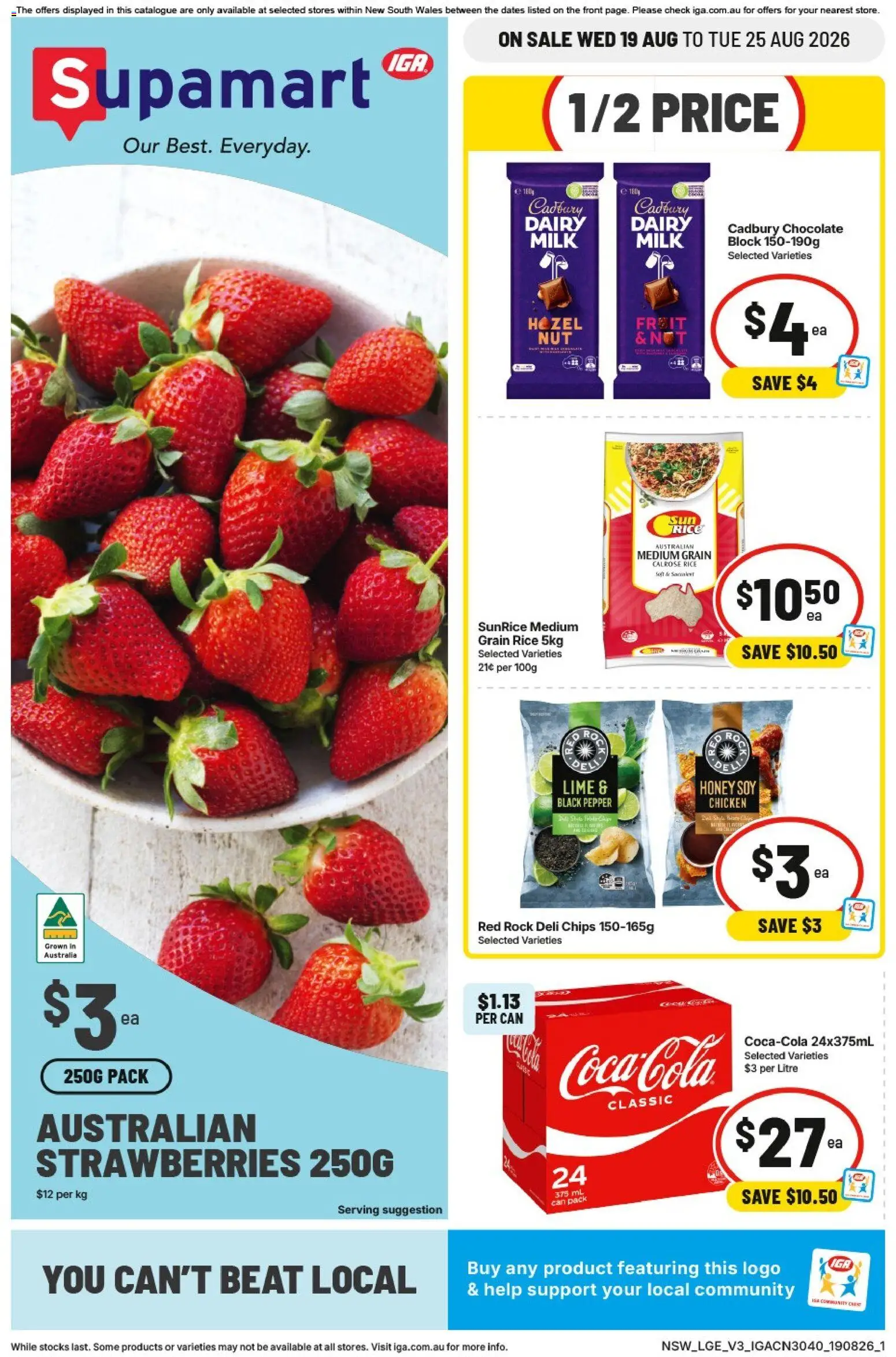 IGA catalogue - valid from 19/08/2026 | Page: 1 | Products: Milk, Strawberries, Chips, Pepper