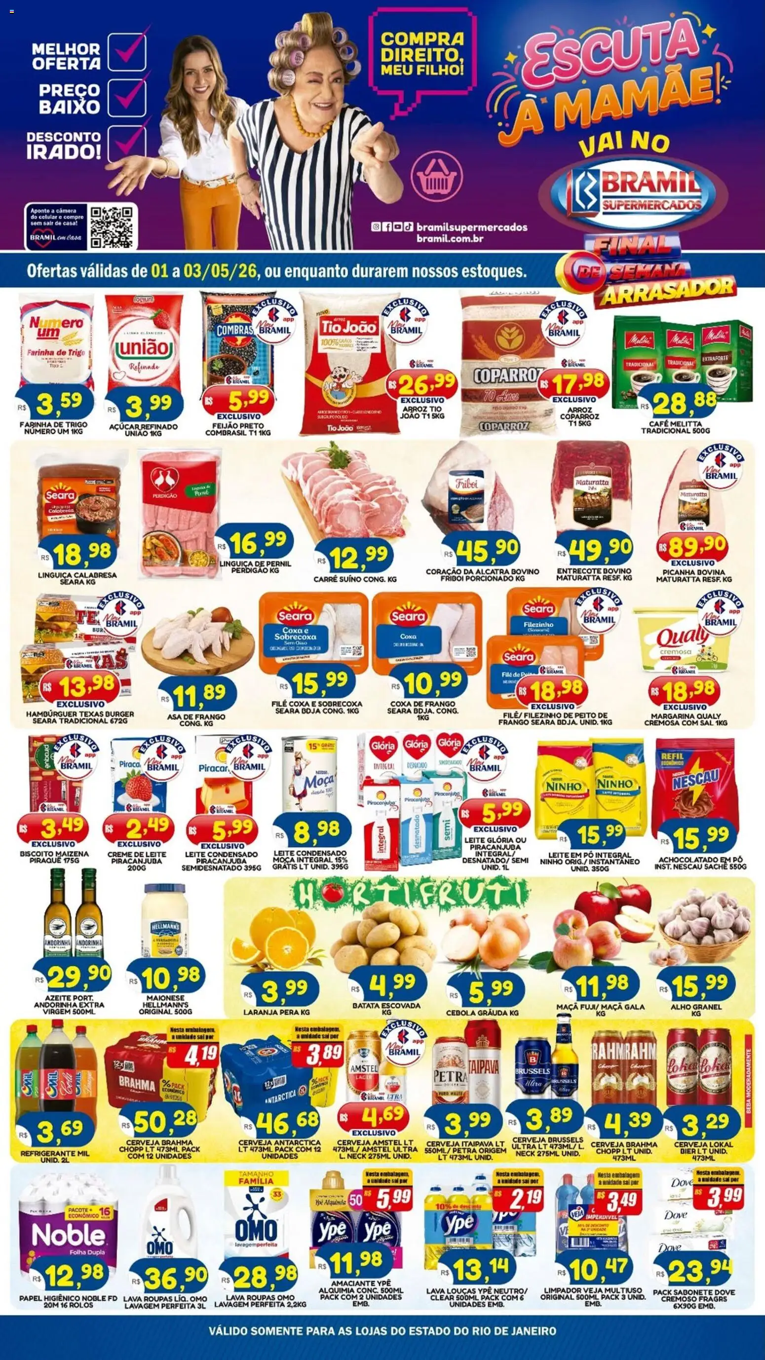 Bramil Supermercados Folheto - válido de 01.05.2026 | Página: 1 | Produtos: Cebola, Biscoito, Alcatra, Roupas