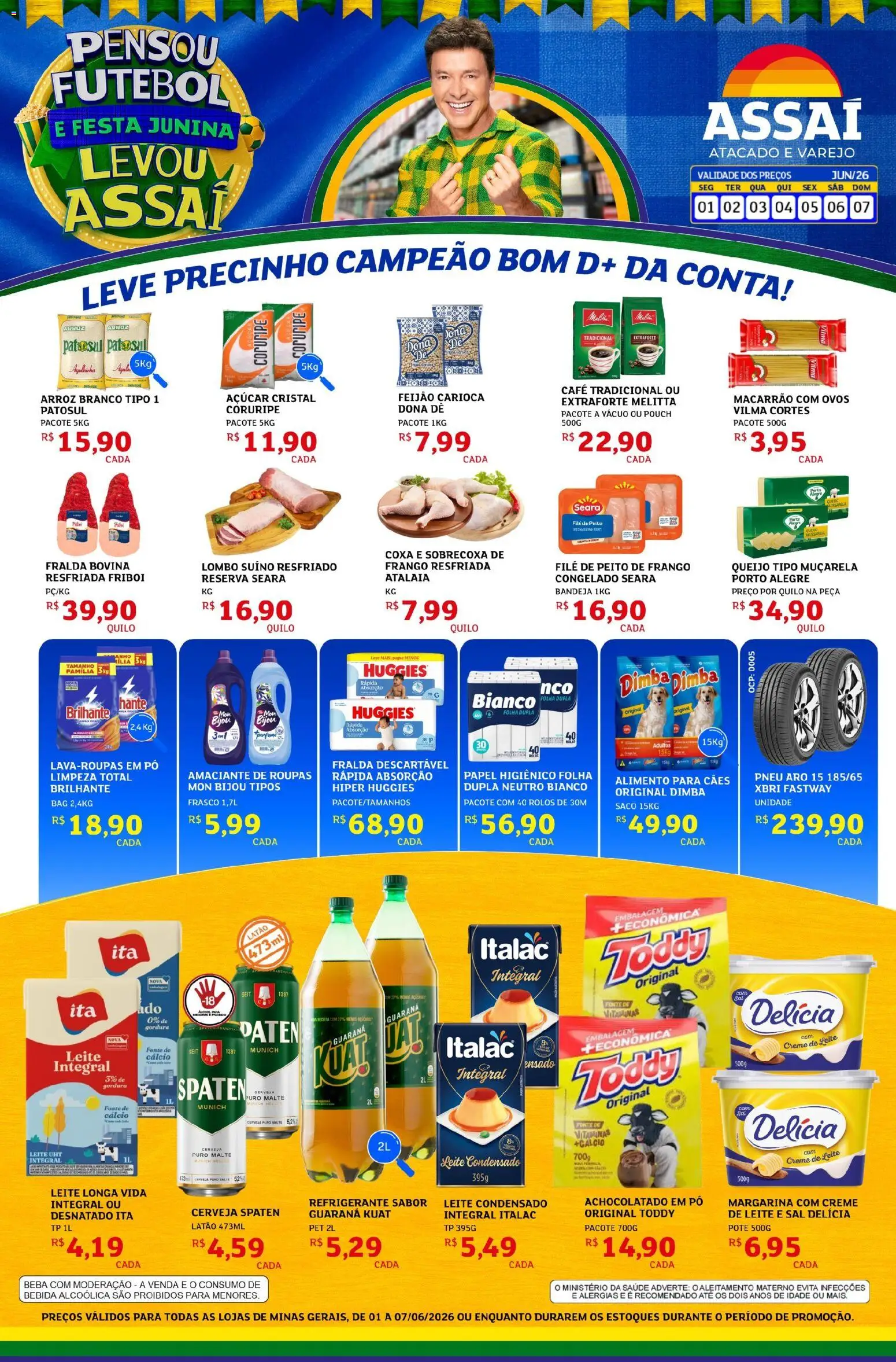 Assaí Atacadista Folheto - válido de 01.06.2026 | Página: 1 | Produtos: Leite integral, Arroz, Creme, Margarina
