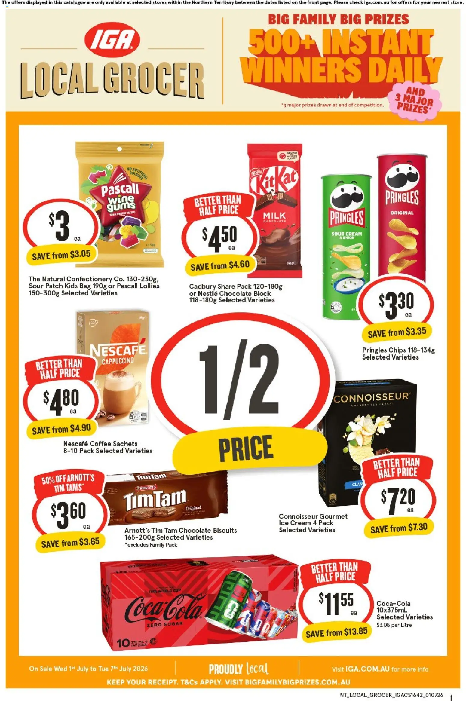IGA catalogue - valid from 01/07/2026 | Page: 1 | Products: Milk, Chips, Cream, Nescafe
