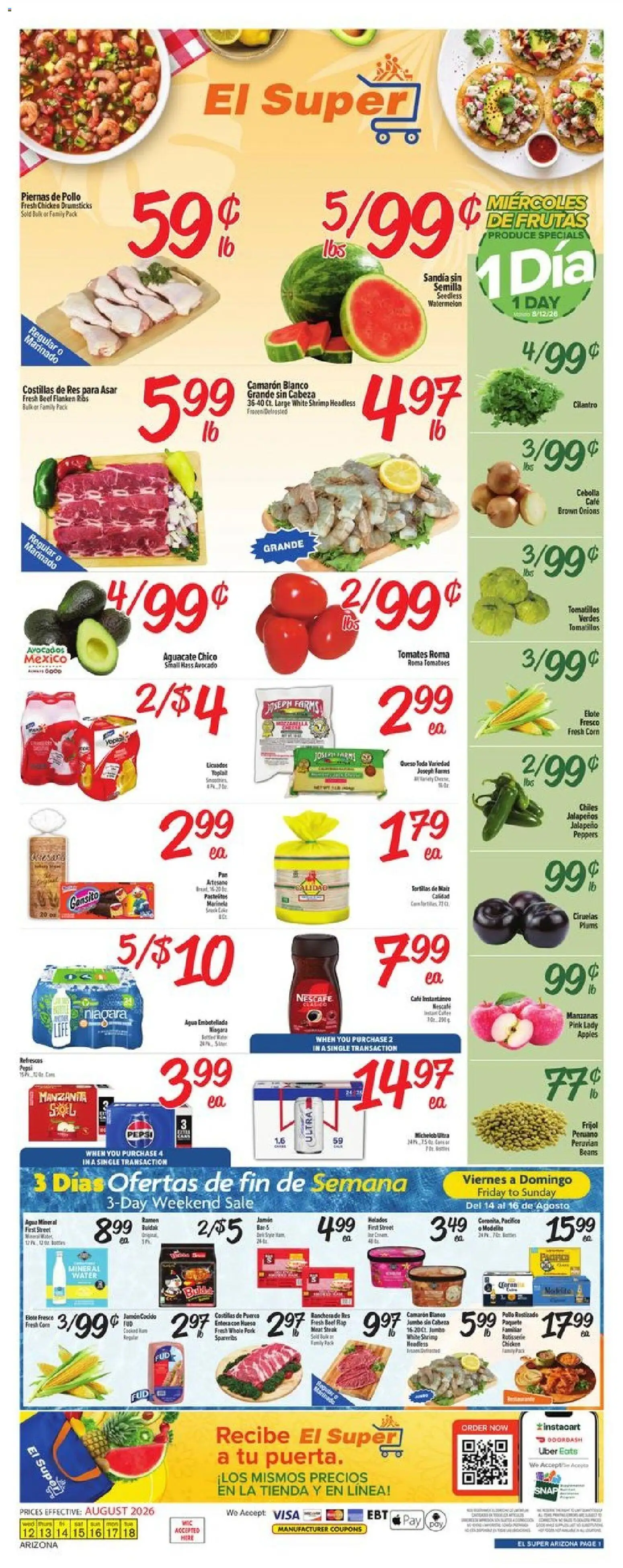 El Super Weekly Ad - AK - valid from 08/12/2026 | Page: 1 | Products: Peppers, Shrimp, Chicken, Chicken drumsticks