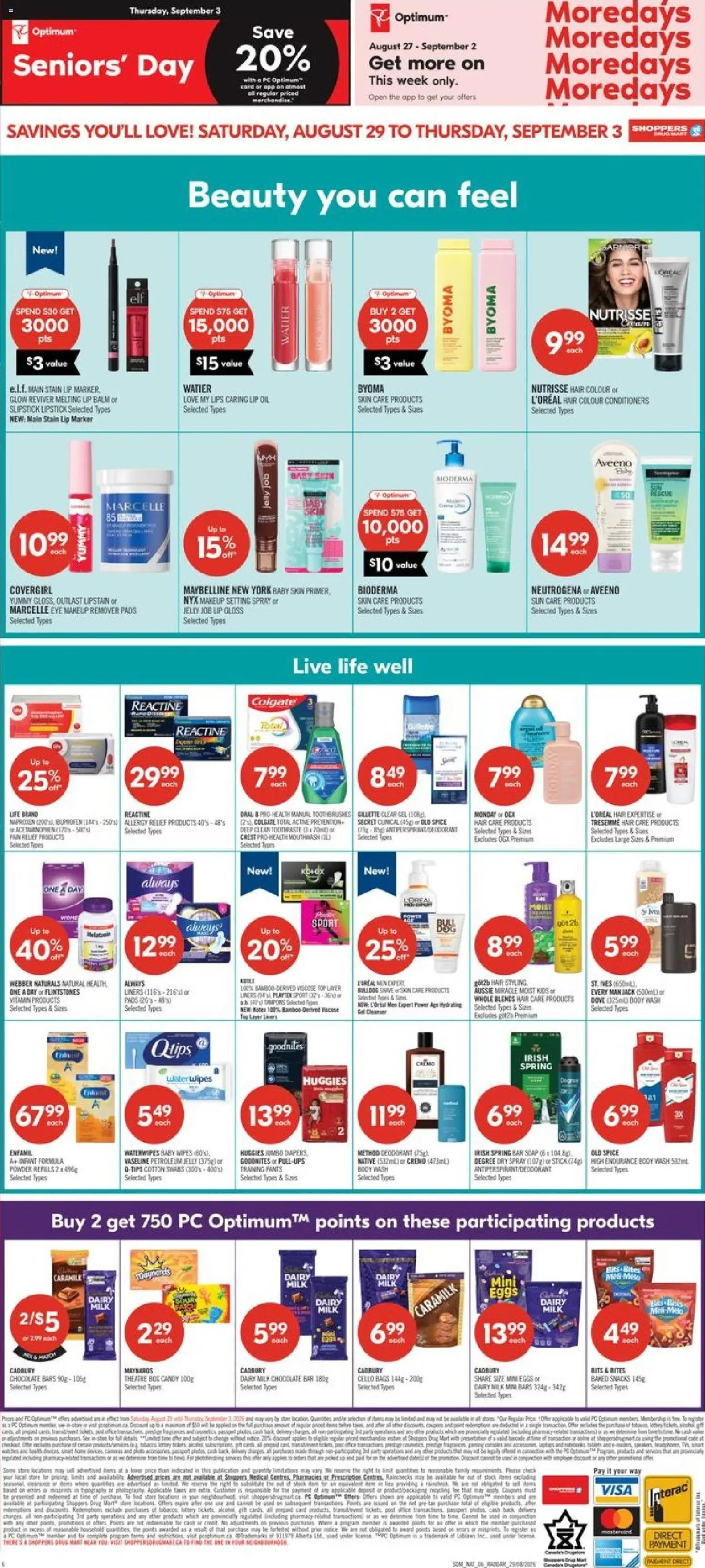 Shoppers flyer valid from Aug 29, 2026 | Page: 2 | Products: Eye makeup remover, Body wash, Toothpaste, Mouthwash
