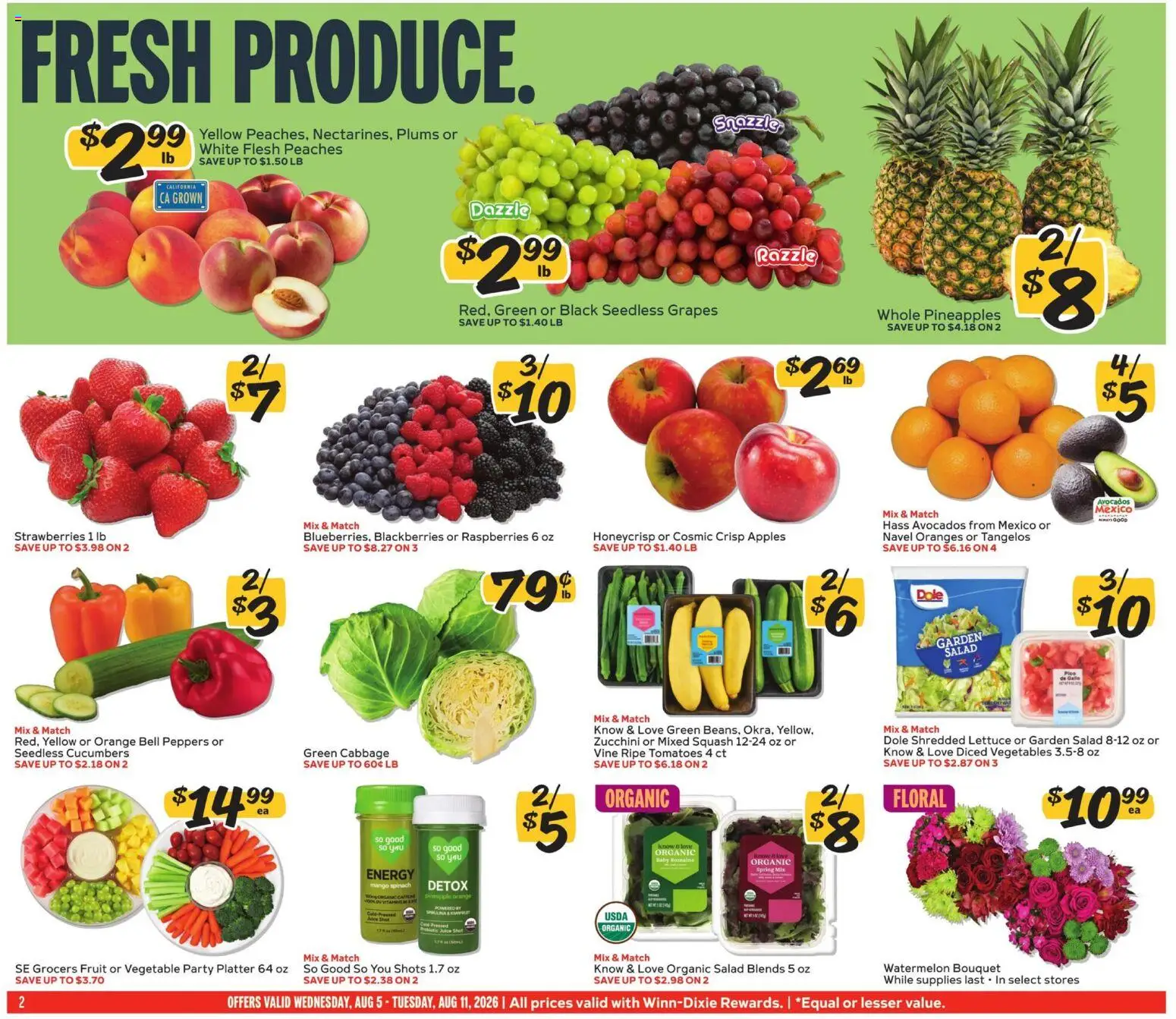 Winn Dixie Weekly Ad - valid from 08/05/2026 | Page: 2 | Products: Peaches, Apples, Tomatoes, Grapes
