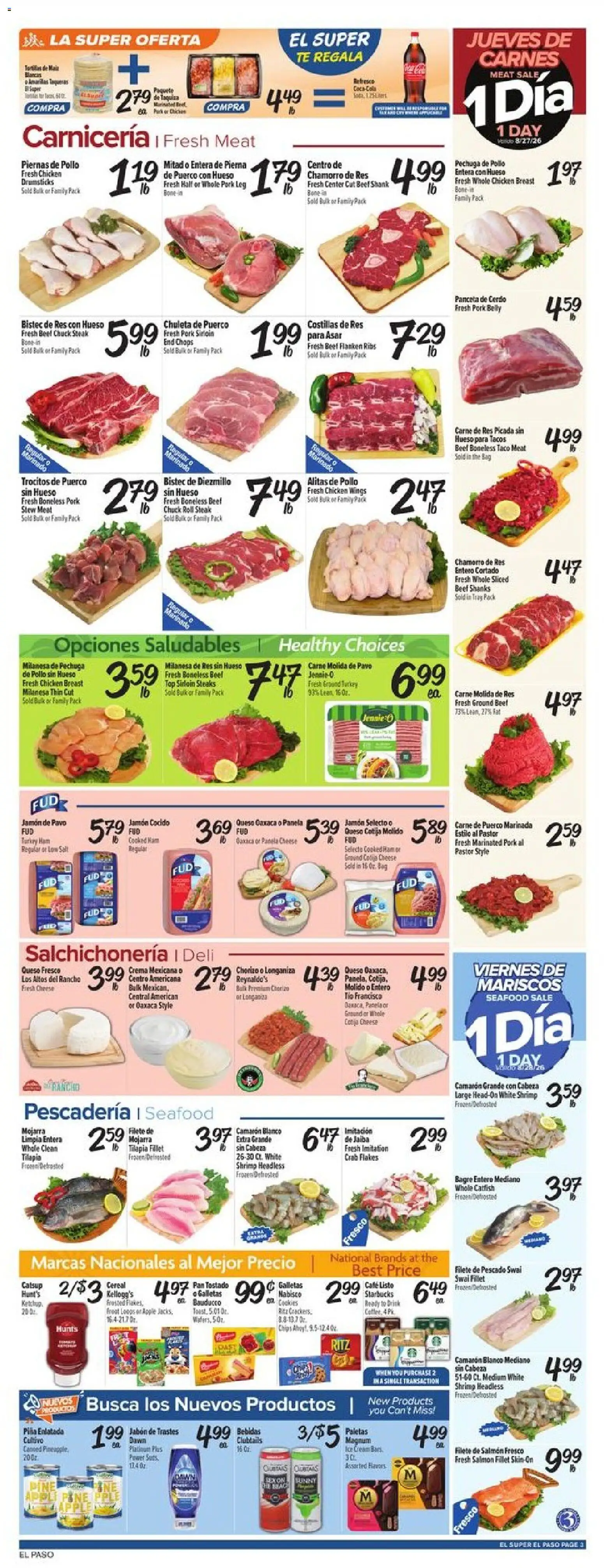 El Super Weekly Ad - valid from 08/26/2026 | Page: 3 | Products: Ham, Flakes, Ice, Salmon