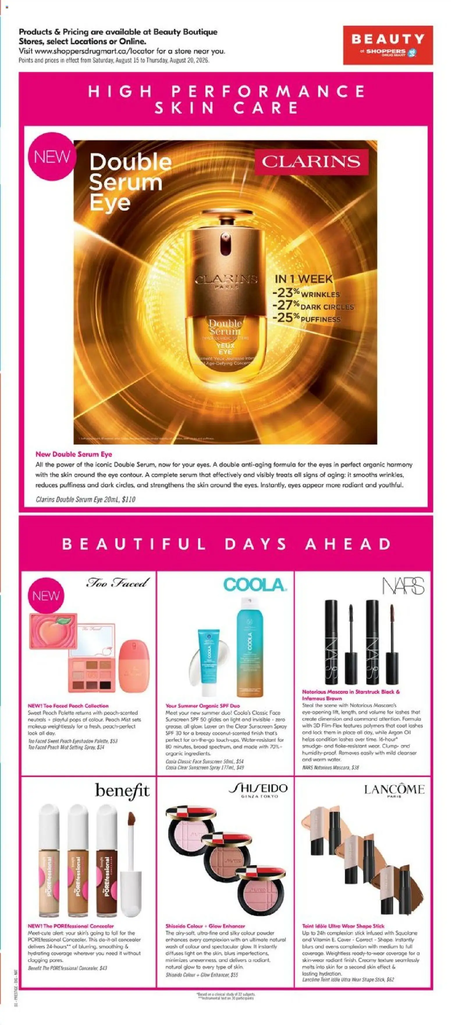 Shoppers flyer valid from Aug 14, 2026 | Page: 9 | Products: Water, Powder, Sunscreen, Coat