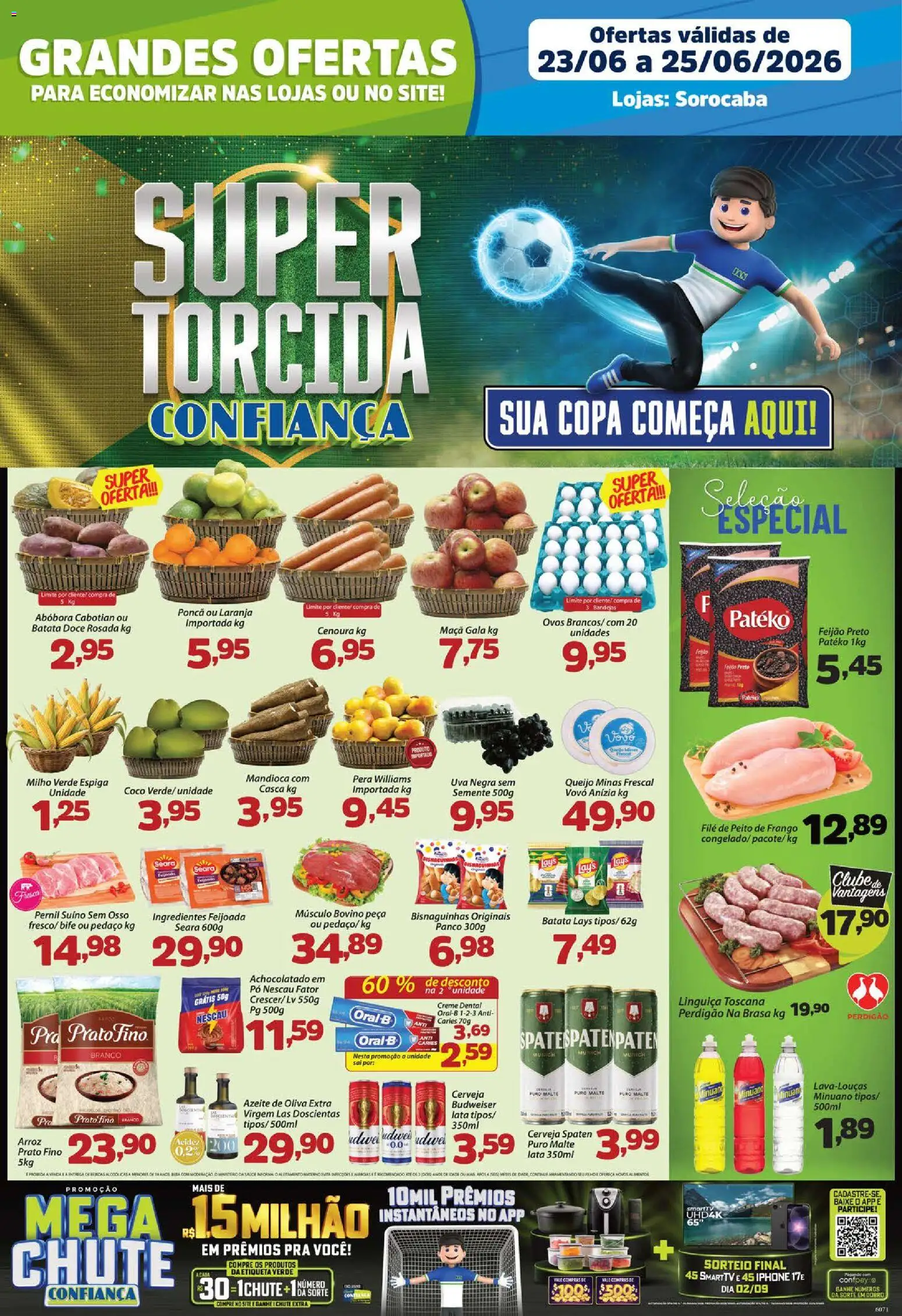 Confiança Folheto - válido de 23/06/2026 | Página: 1 | Produtos: Mandioca, Linguiça, Arroz, Batata