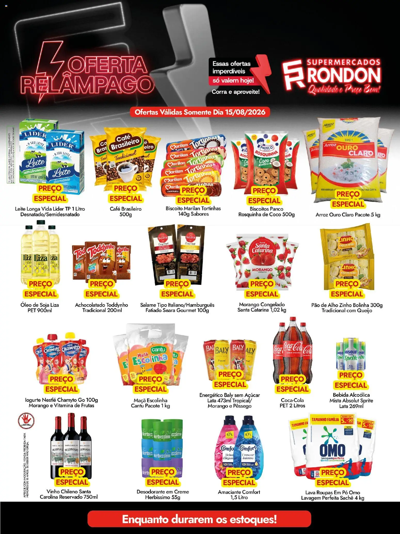 Supermercados Rondon Folheto - válido de 15/08/2026 | Página: 1 | Produtos: Energético, Queijo, Bebida, Rosquinha