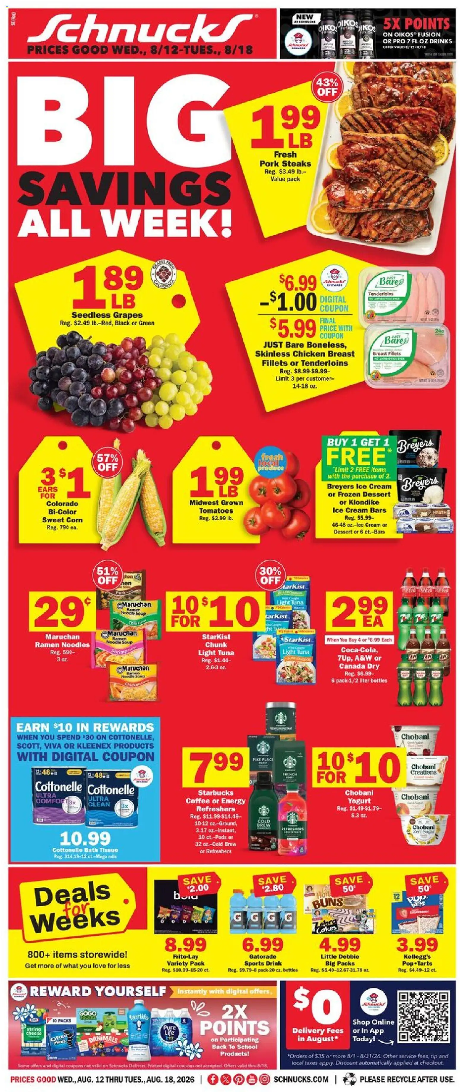 Schnucks Weekly Ad - valid from 08/12/2026 | Page: 1 | Products: Corn, Coffee, Cream, Dessert