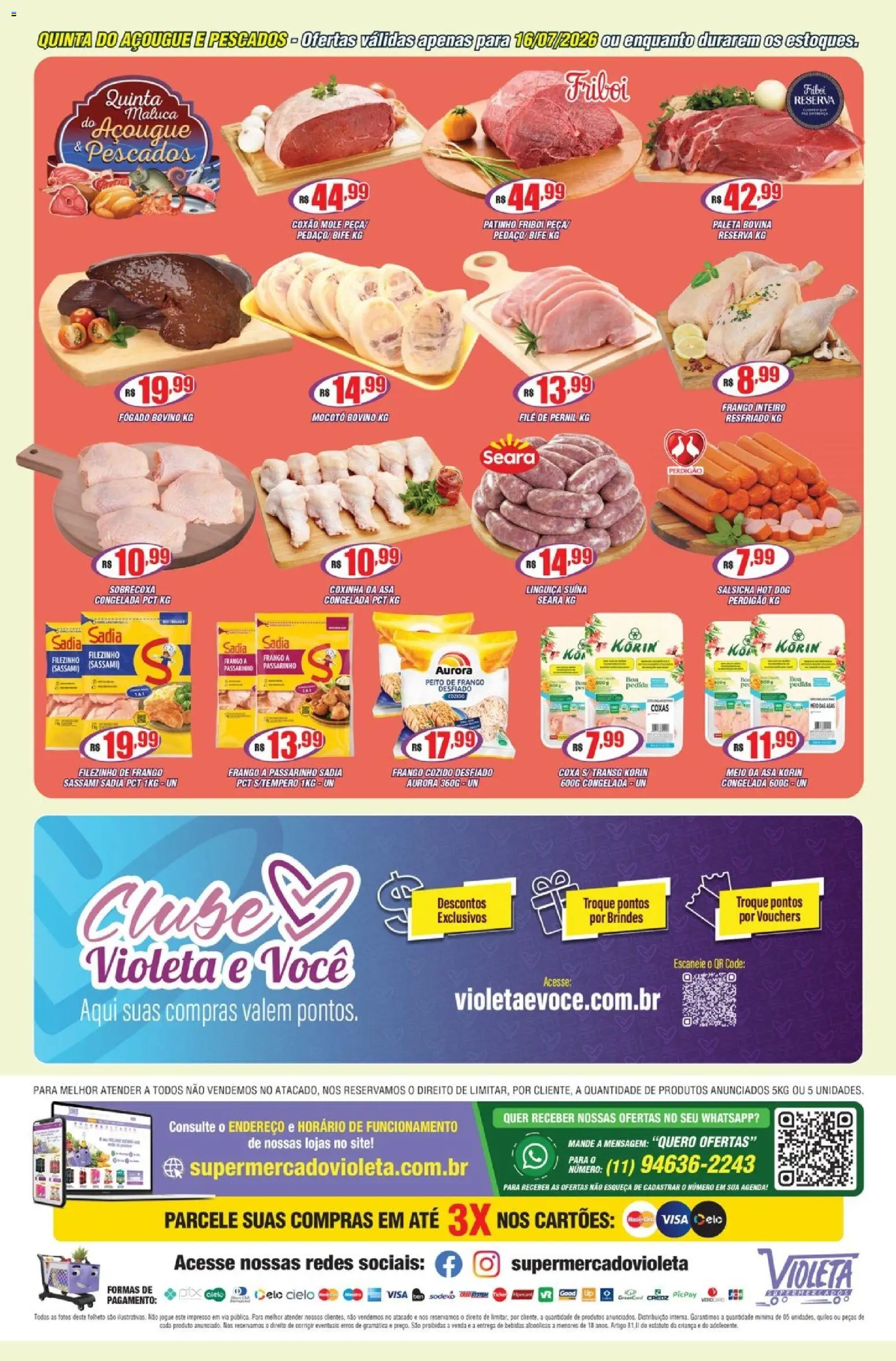 Violeta Supermercados Folheto - válido de 14/07/2026 | Página: 4 | Produtos: Salsicha, Linguiça, Frango, Peito de frango