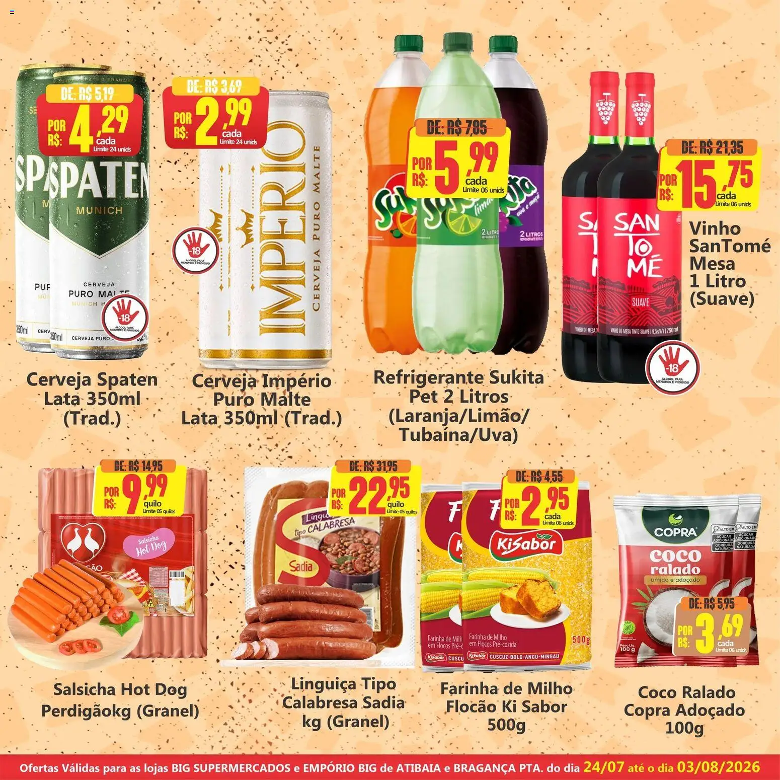 Big Supermercados Folheto - válido de 24/07/2026 | Página: 3 | Produtos: Linguiça, Vinho, Flocos, Açúcar