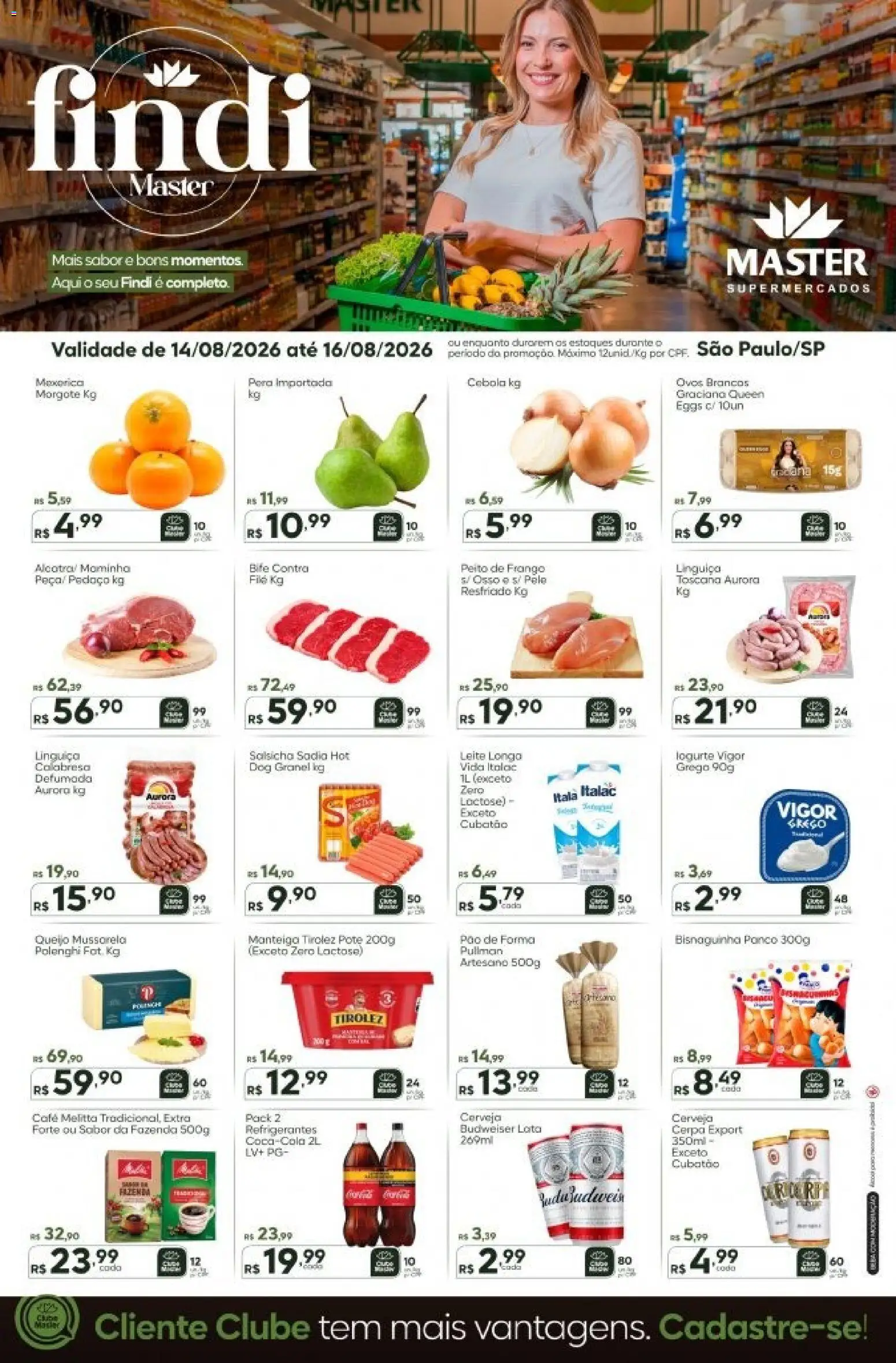 Master Folheto - válido de 14/08/2026 | Página: 1 | Produtos: Mexerica, Linguiça, Café, Cerveja