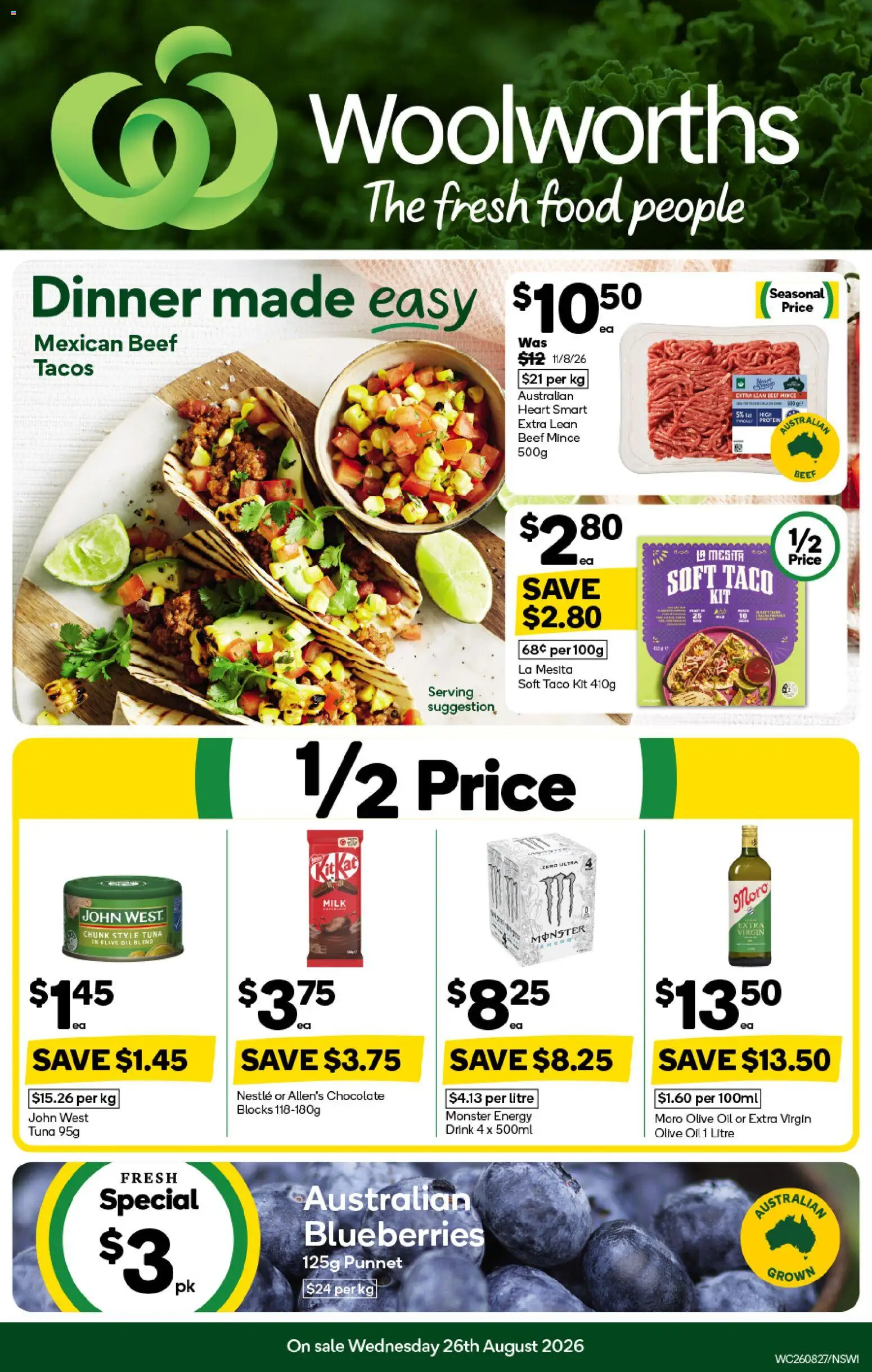 Woolworths catalogue - valid from 26/08/2026 | Page: 1 | Products: Food, Energy drink, Oil, Tuna