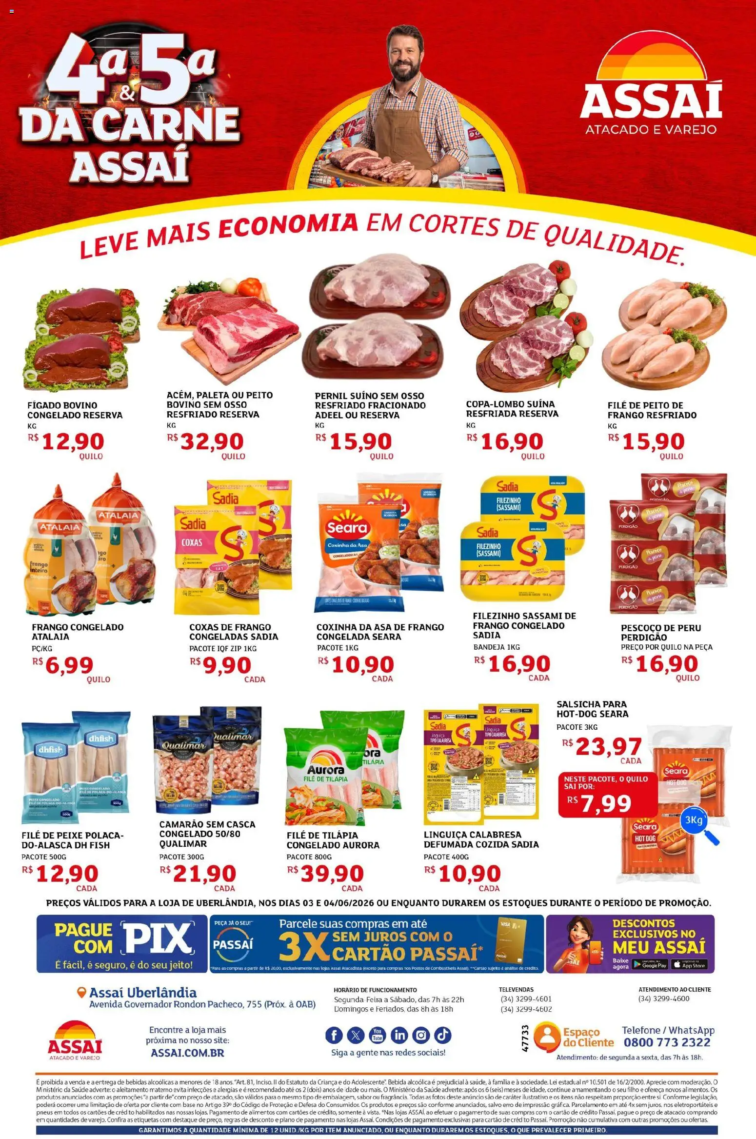 Assaí Atacadista Folheto - válido de 03.06.2026 | Página: 2 | Produtos: Salsicha, Asa de frango, Camarão, Telefone