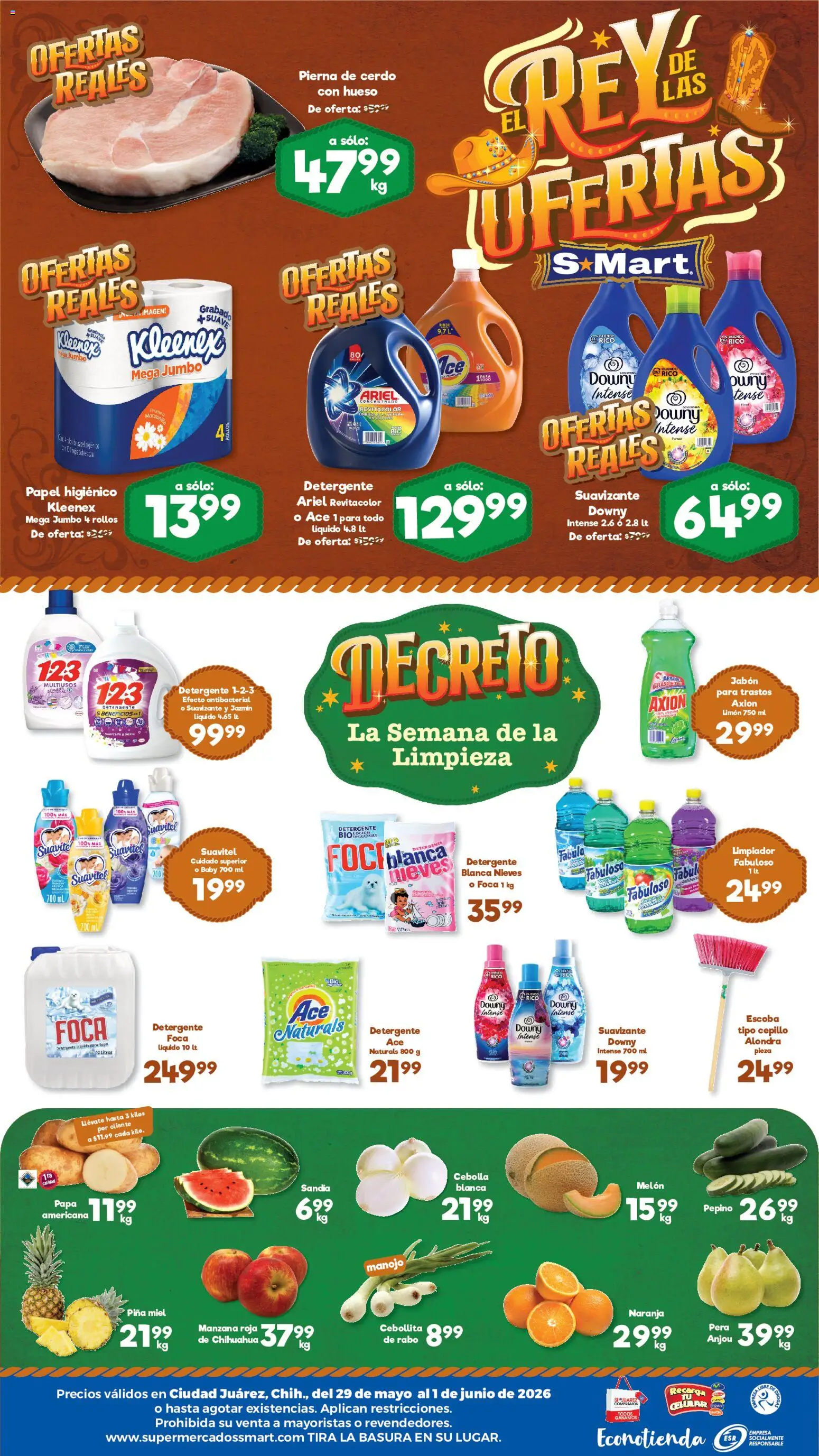 Nuevas ofertas de S-Mart válidas en toda la República Mexicana desde el 29.05.2026. ¡Encuentra las mejores ofertas en S-Mart folleto Juárez! | Página: 2 | Productos: Detergente, Papa, Manzana, Suavizante