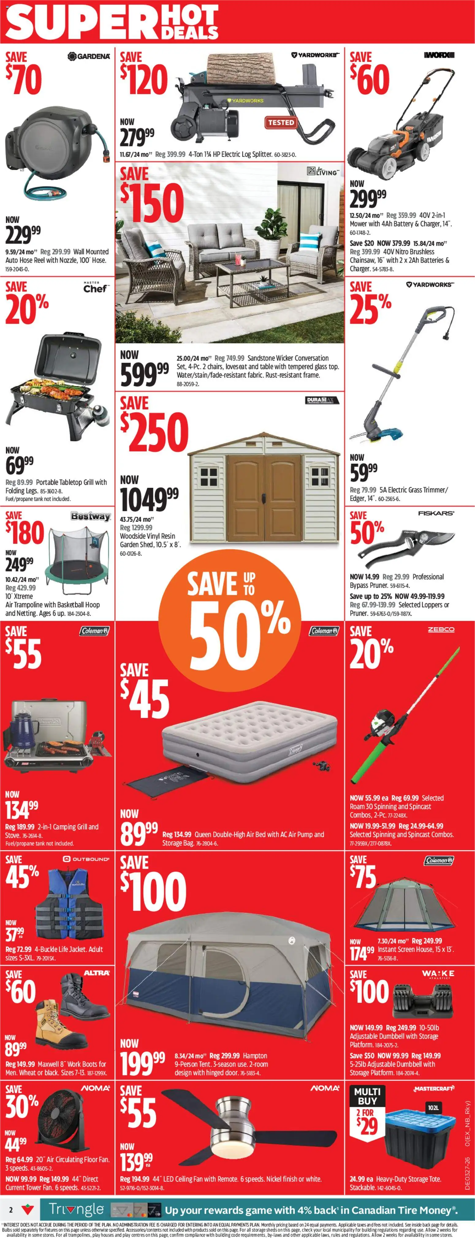 Canadian Tire flyer valid from Jul 2, 2026 | Page: 2 | Products: Boots, Fan, Mower, Battery