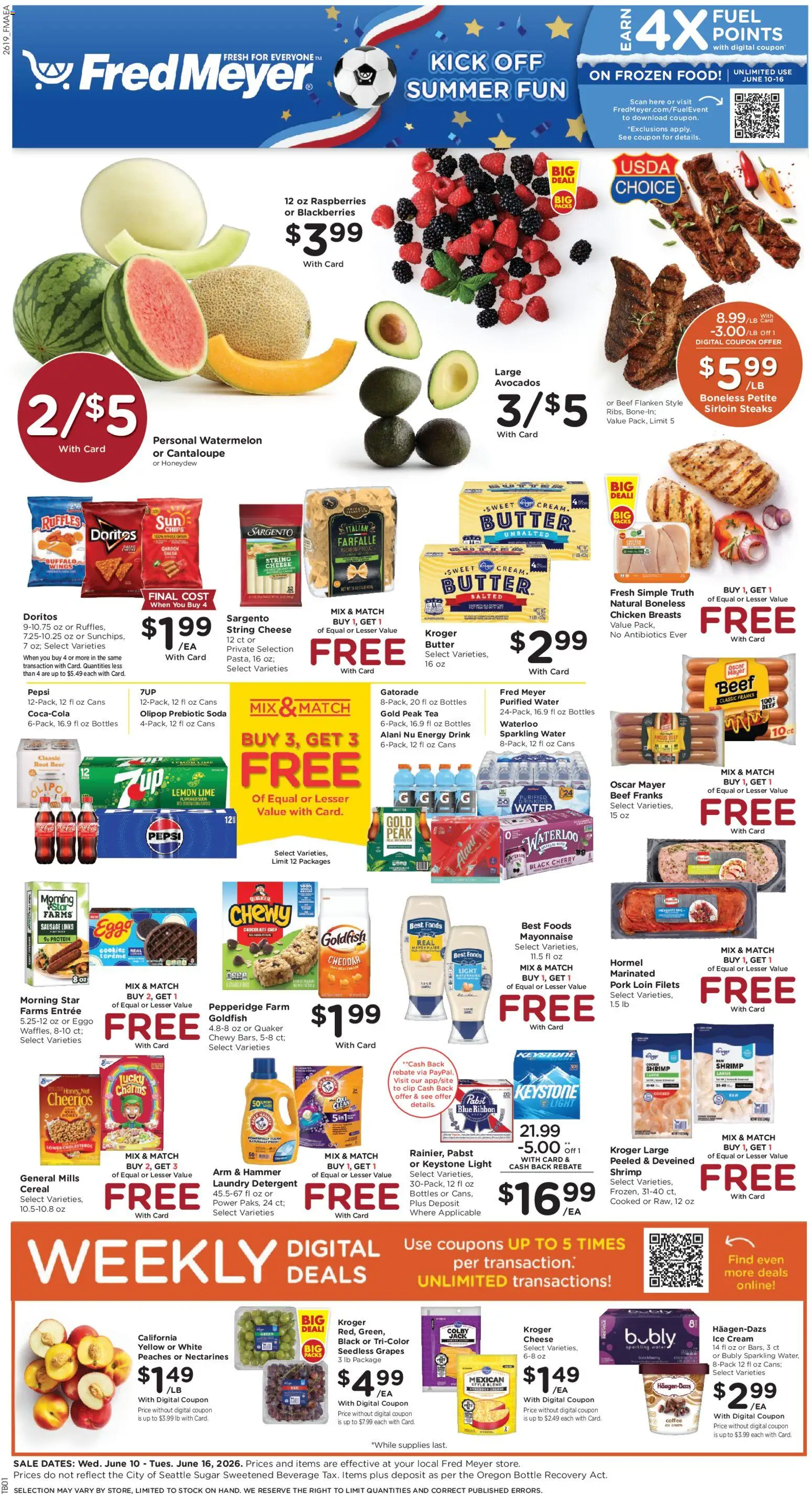 Fred Meyer Weekly Ad - valid from 10.06.2026 | Page: 1 | Products: Chocolate, Ice cream, Sausage, Grapes