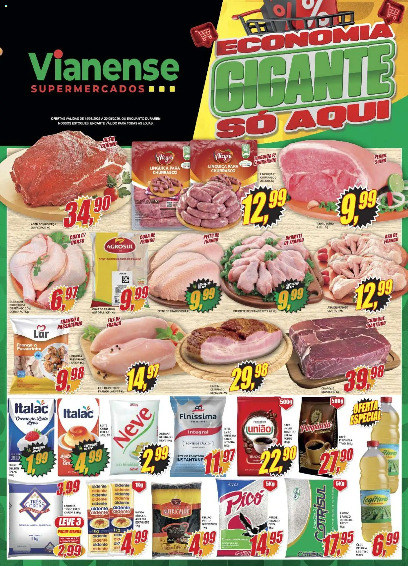 Vianense Folheto - válido de 14/08/2026 | Página: 1 | Produtos: Farinha, Pernil suíno, Cálcio, Creme de leite