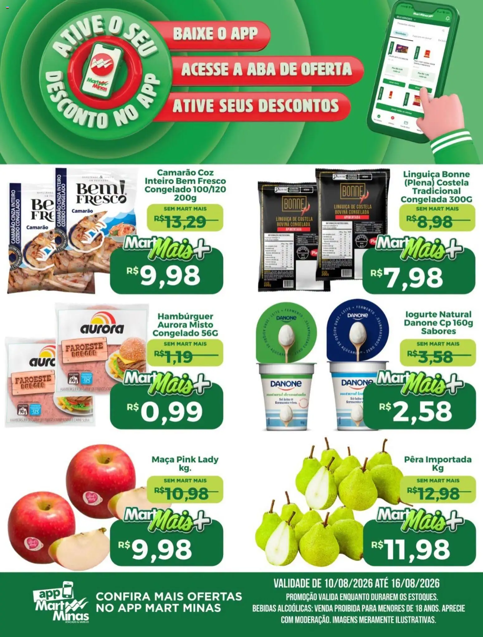 Mart Minas Folheto - válido de 10/08/2026 | Página: 2 | Produtos: Pera, Bebidas, Hambúrguer, Açúcar