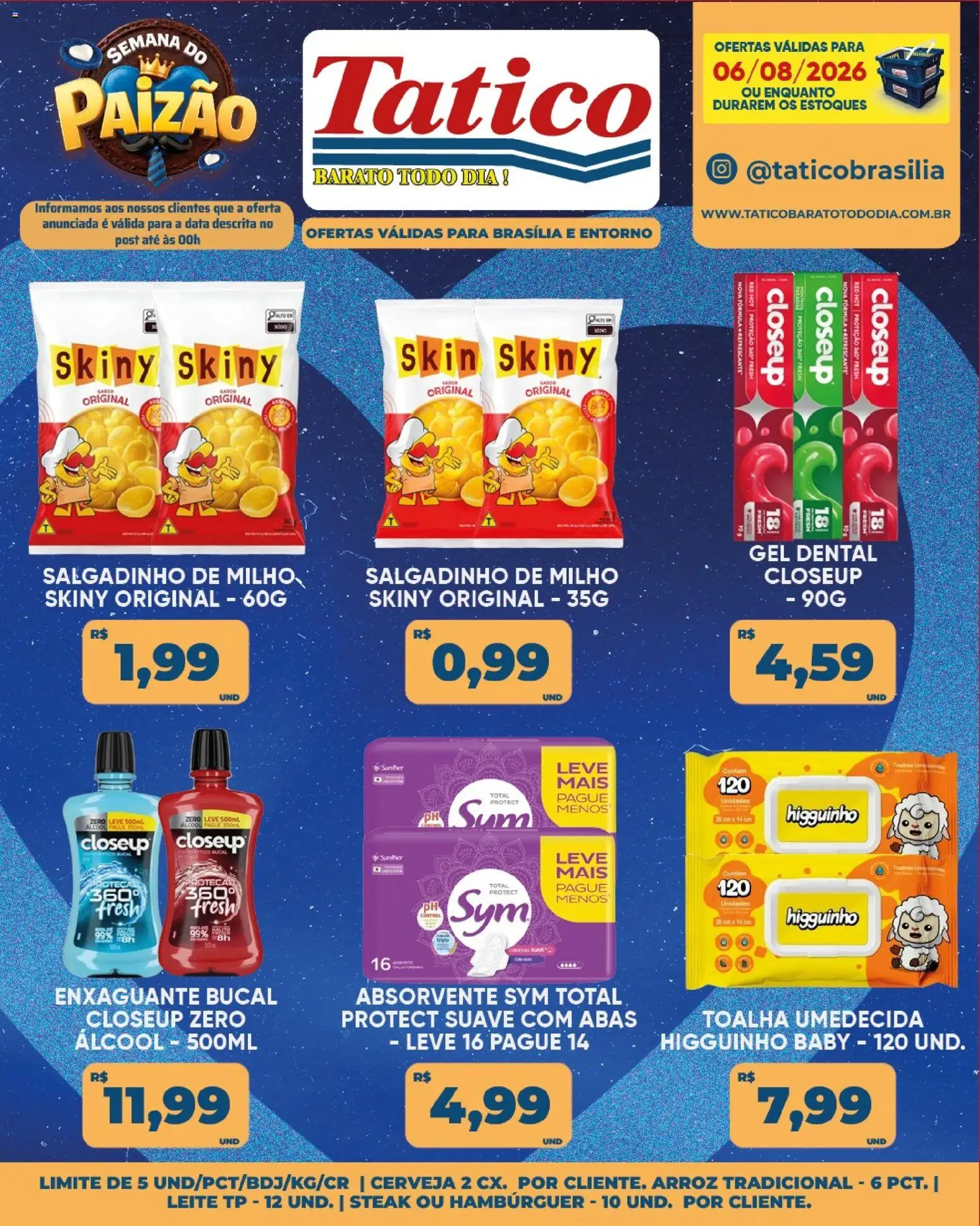 Tatico Folheto - válido de 06/08/2026 | Página: 19 | Produtos: Arroz, Hambúrguer, Absorvente, Toalha umedecida