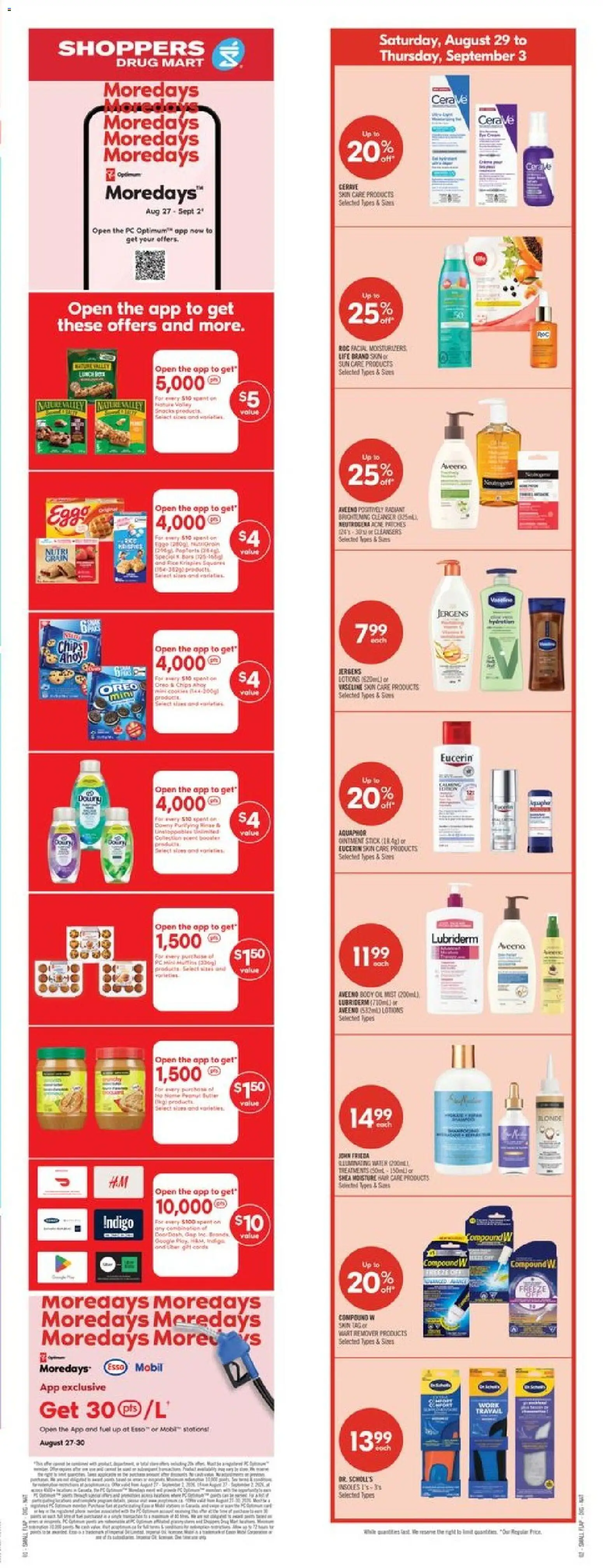 Shoppers flyer valid from Aug 29, 2026 | Page: 3 | Products: Chips, PC, Water, Body oil