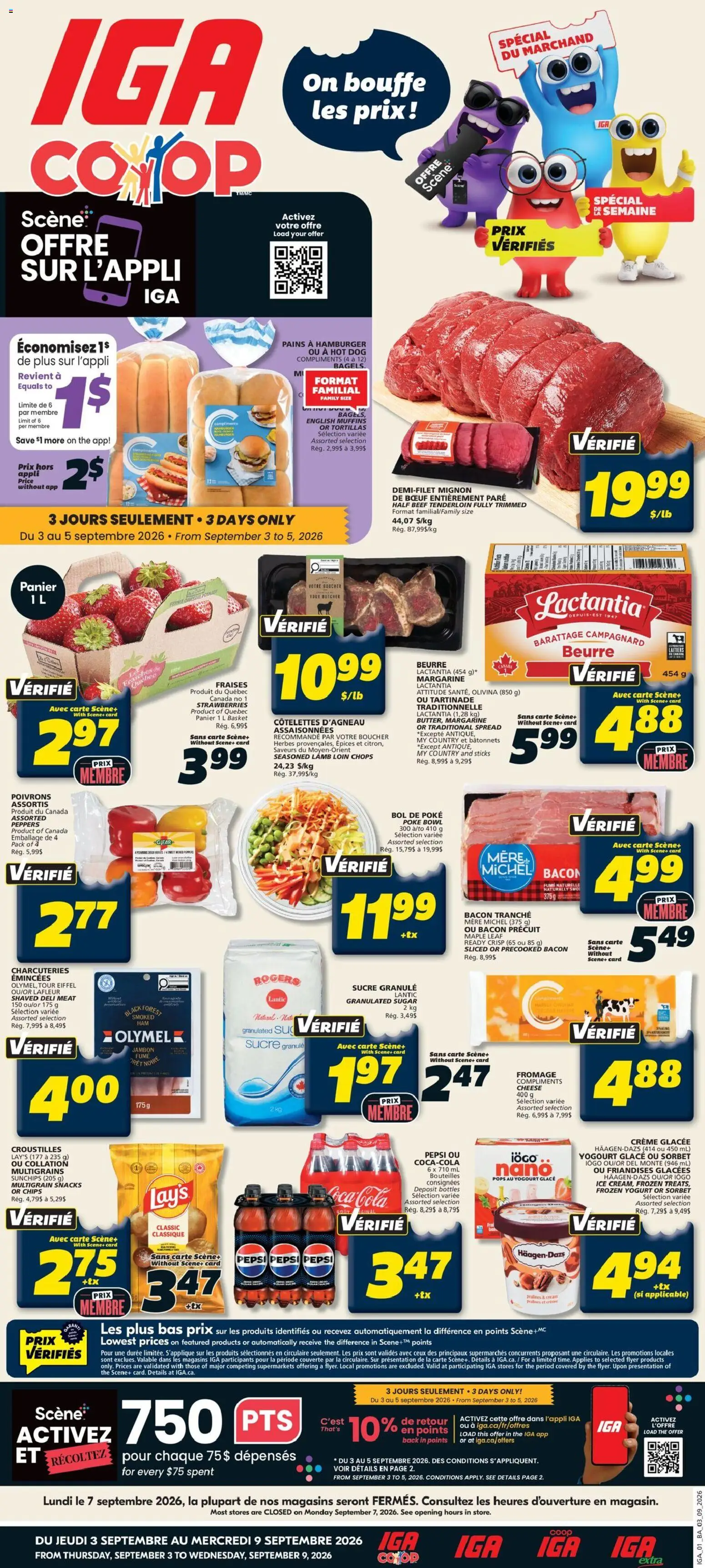 IGA flyer valid from Sep 3, 2026 | Page: 1 | Products: Bacon, Hamburger, Muffins, Spread