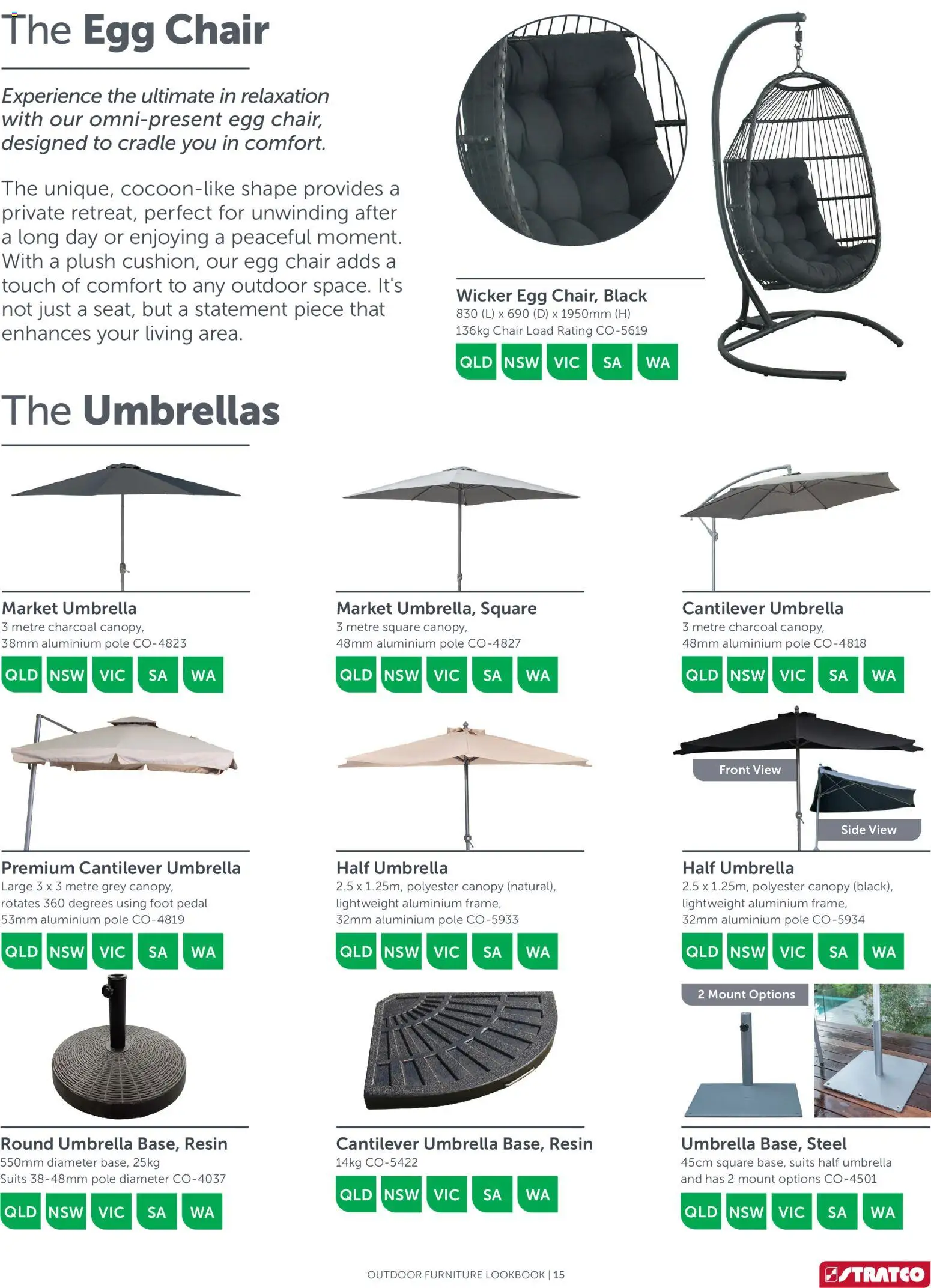 Stratco catalogue - valid from 15.05.2026 | Page: 15 | Products: Chair, Outdoor furniture, Umbrella