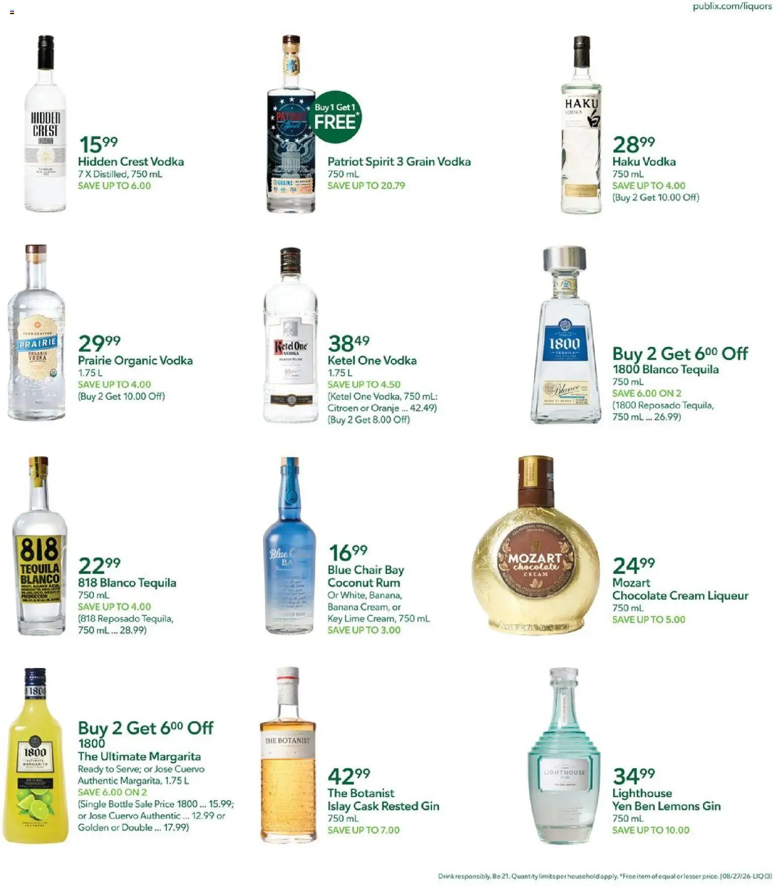 Publix Liquor Ad - valid from 08/27/2026 | Page: 3 | Products: Cream liqueur, Gin, Cream, Coconut