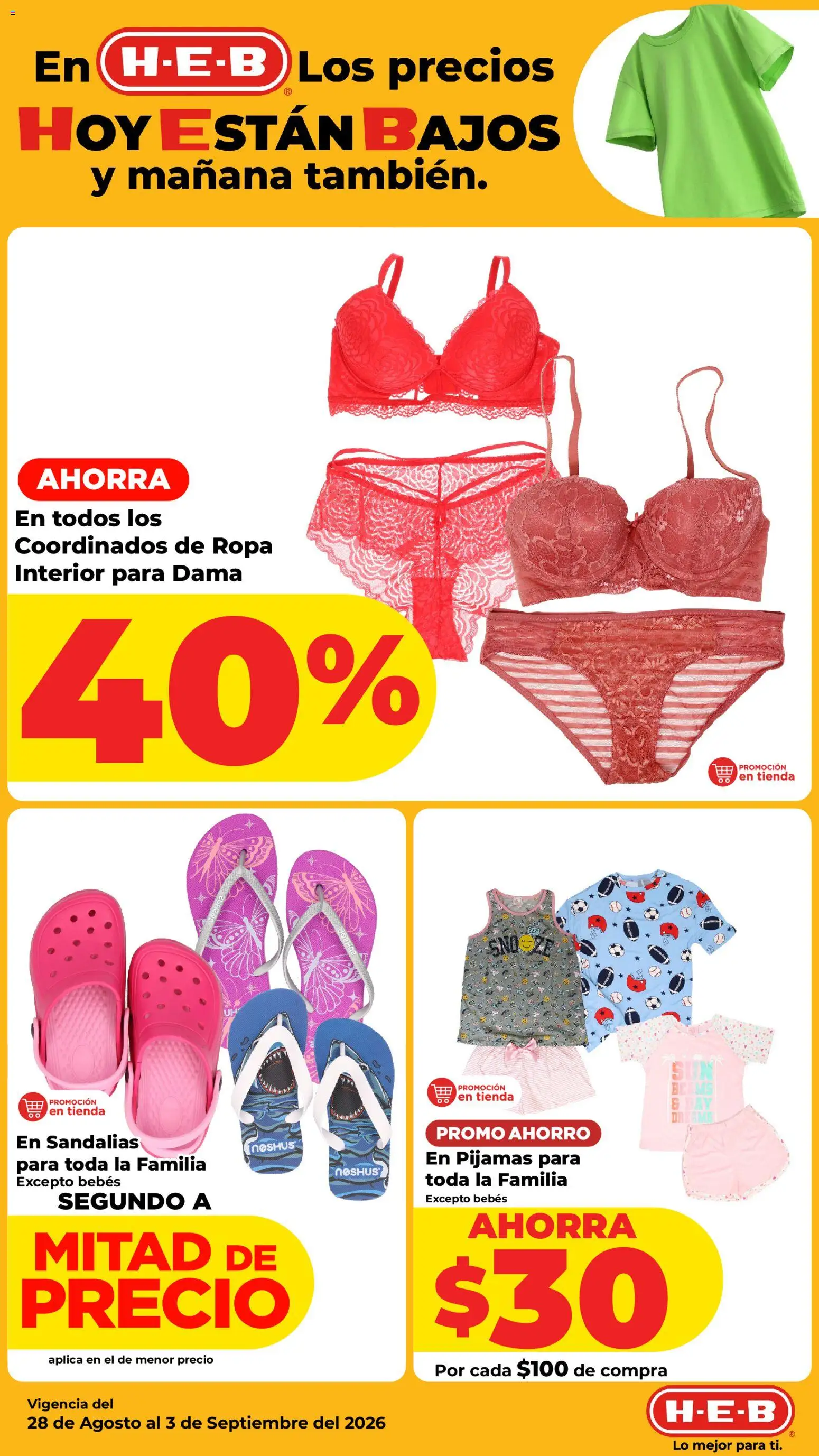 Nuevas ofertas de H-E-B válidas en toda la República Mexicana desde el 28/08/2026. ¡Encuentra las mejores ofertas en H-E-B folleto! | Página: 23 | Productos: Ropa, Ropa interior, Sandalias