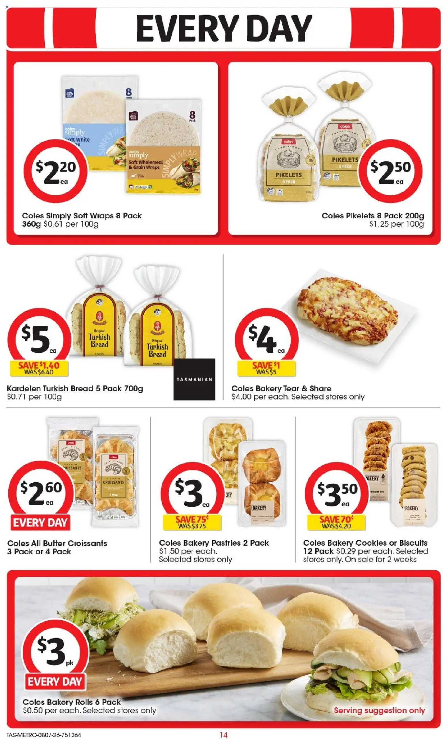 Coles catalogue - valid from 08/07/2026 | Page: 14 | Products: Butter, Bread, Biscuits, Bakery
