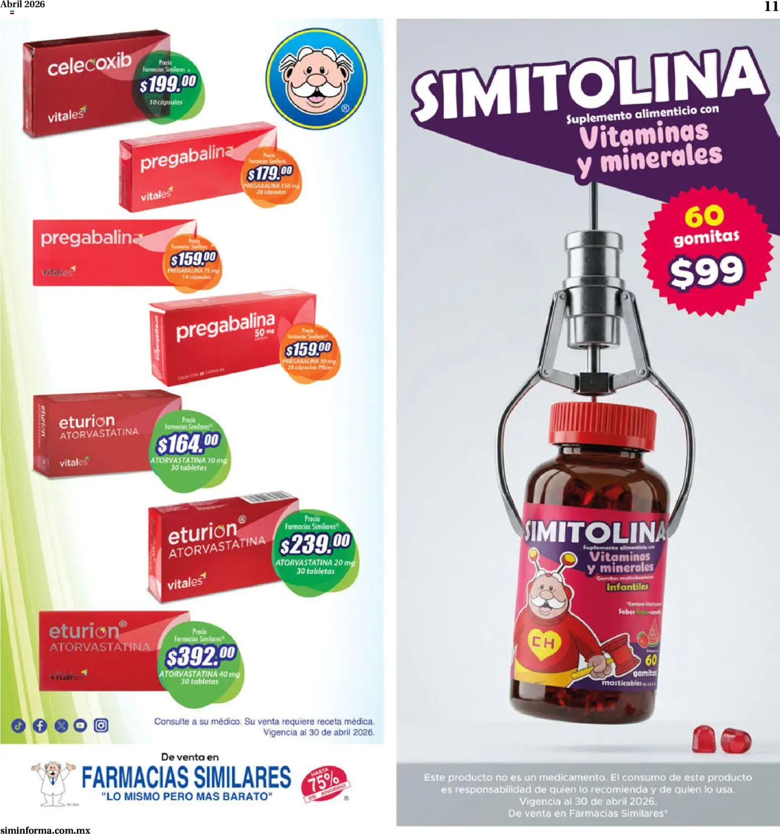 Nuevas ofertas de Farmacias Similares válidas en toda la República Mexicana desde el 01.04.2026. ¡Encuentra las mejores ofertas en Farmacias Similares catálogo! | Página: 11 | Productos: Vitaminas, Gomitas