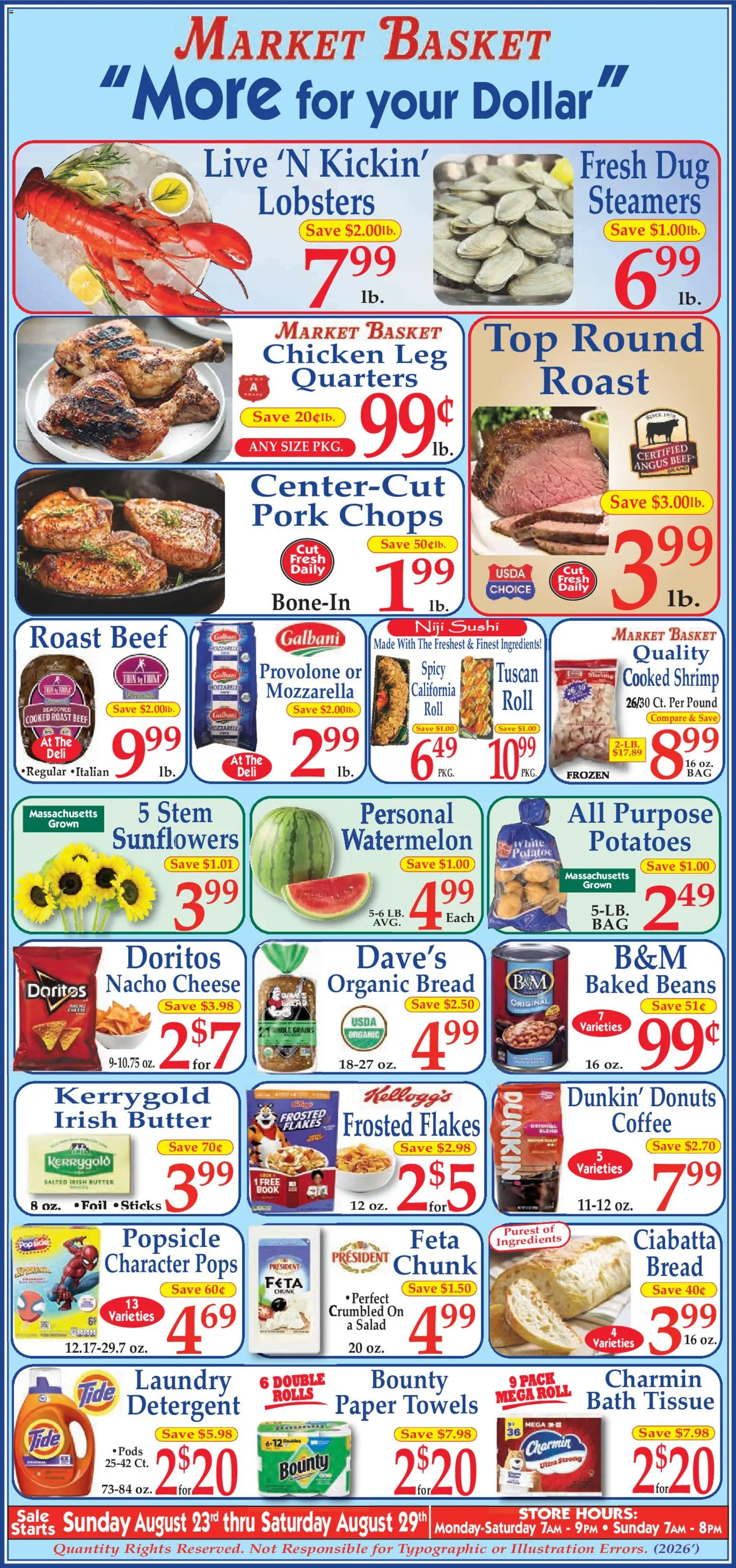 Market Basket Ad - valid from 08/23/2026 | Page: 1 | Products: Organic bread, Bath, Mozzarella, Beans
