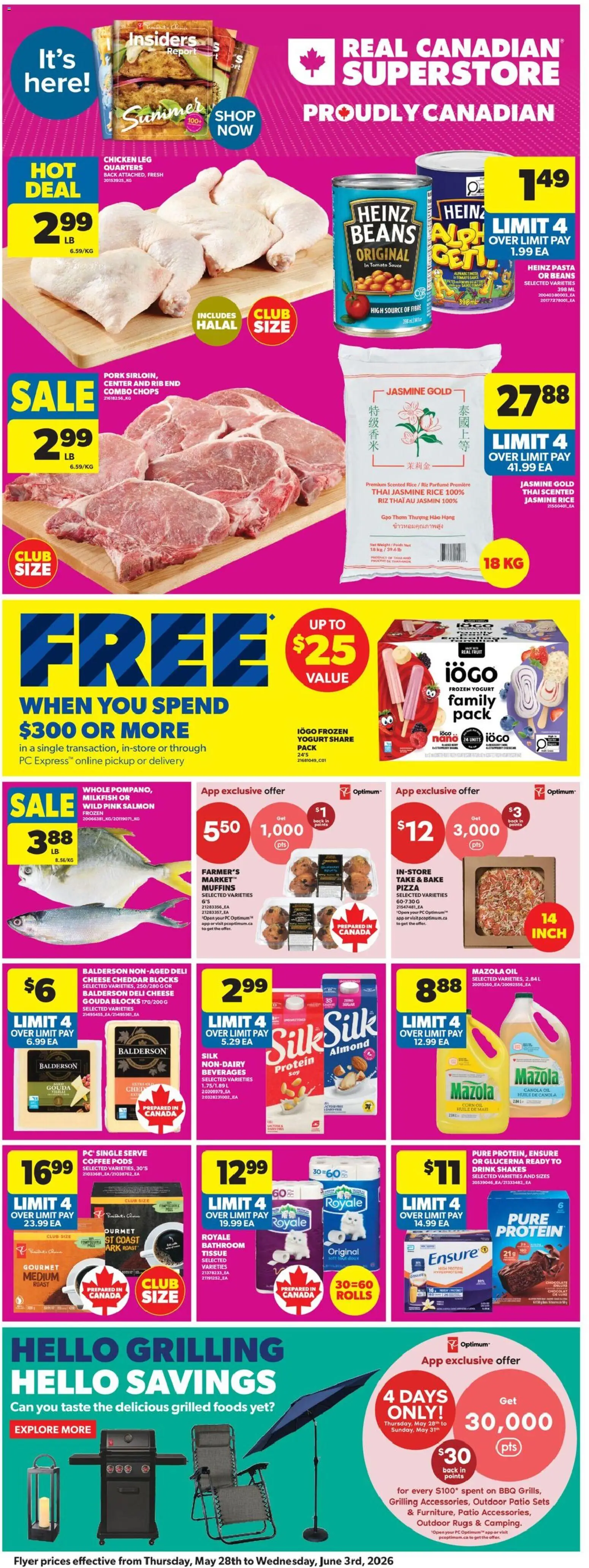 Real Canadian Superstore flyer valid from 28.05.2026 | Page: 4 | Products: Rice, Oil, Coffee, Pork