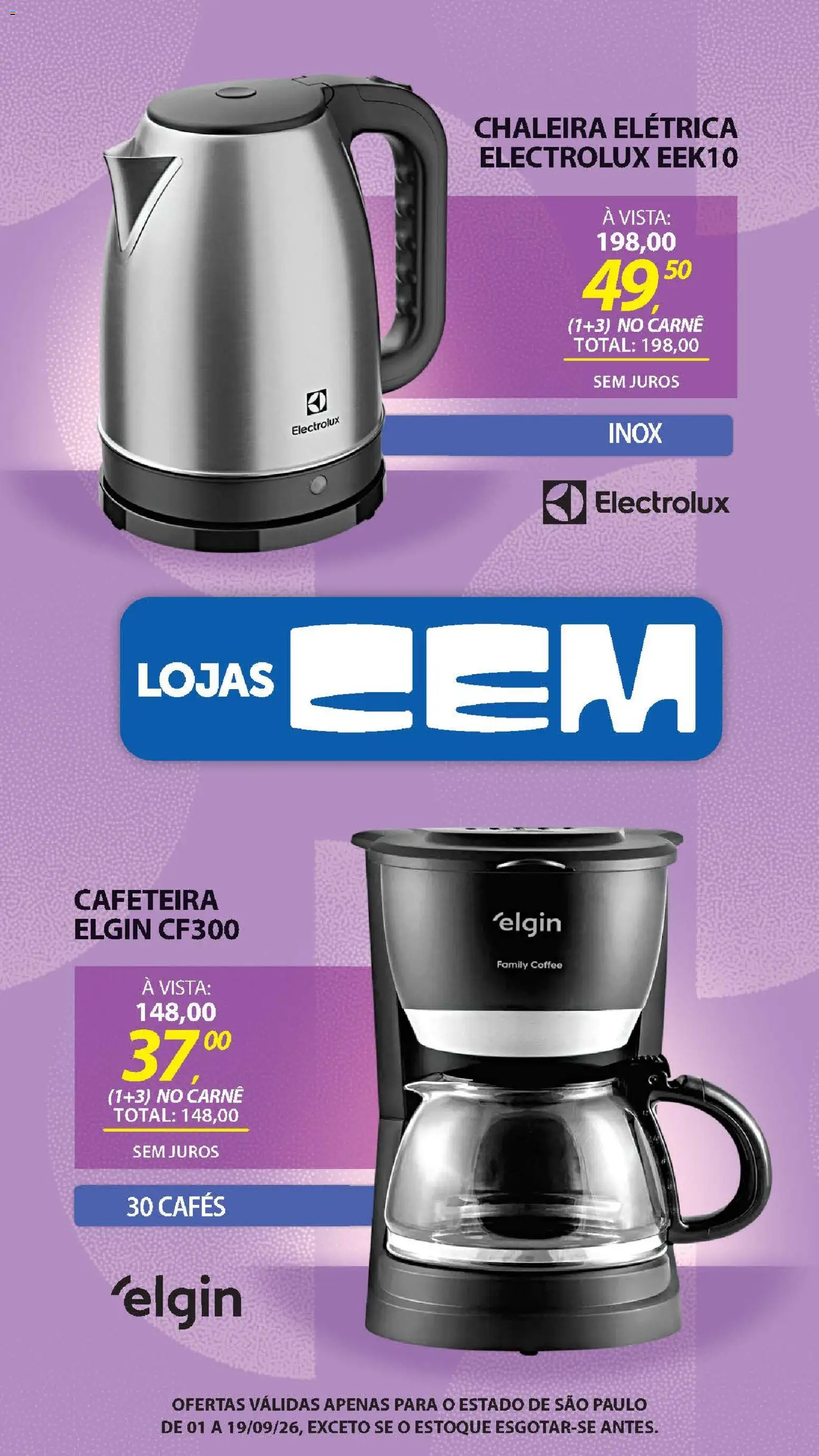 Lojas Cem Folheto - válido de 01/09/2026 | Página: 101 | Produtos: Chaleira, Chaleira elétrica, Cafeteira, Carne