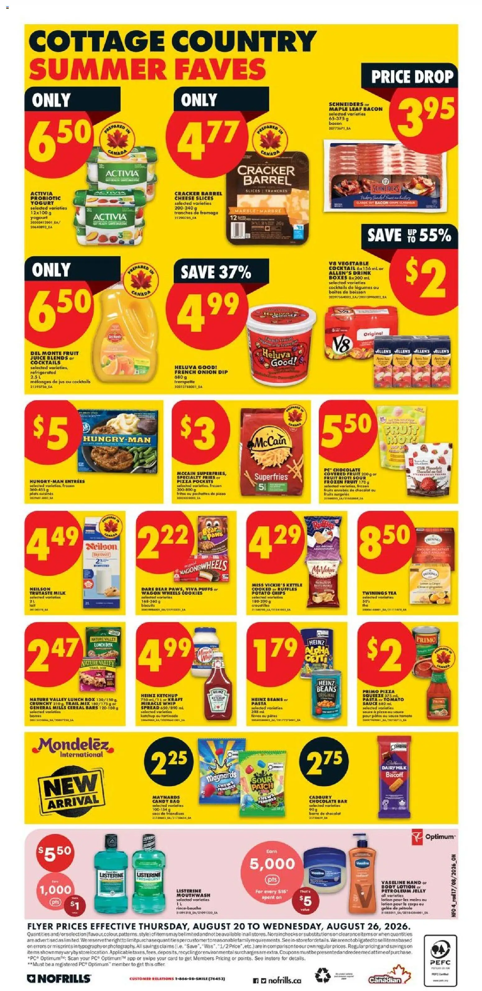 No Frills flyer valid from Aug 20, 2026 | Page: 5 | Products: Chocolate bar, Tomato, Biscuits, Beans