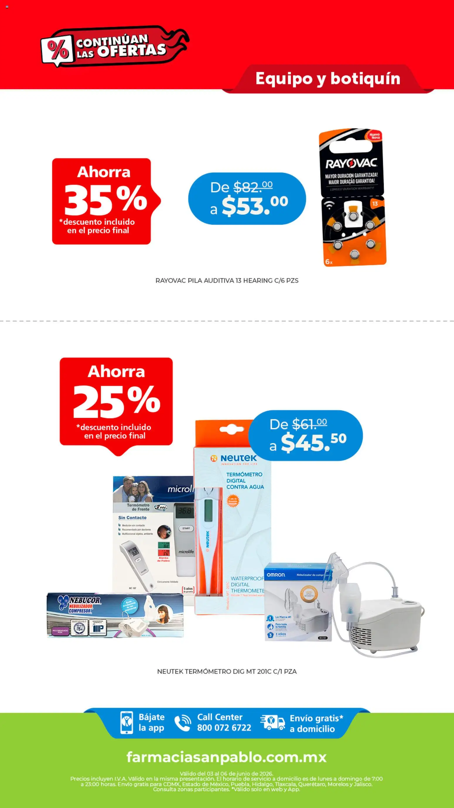 Nuevas ofertas de Farmacia San Pablo válidas en toda la República Mexicana desde el 03.06.2026. ¡Encuentra las mejores ofertas en Farmacia San Pablo catálogo! | Página: 11 | Productos: Termómetro, Agua, Alarma, Pila
