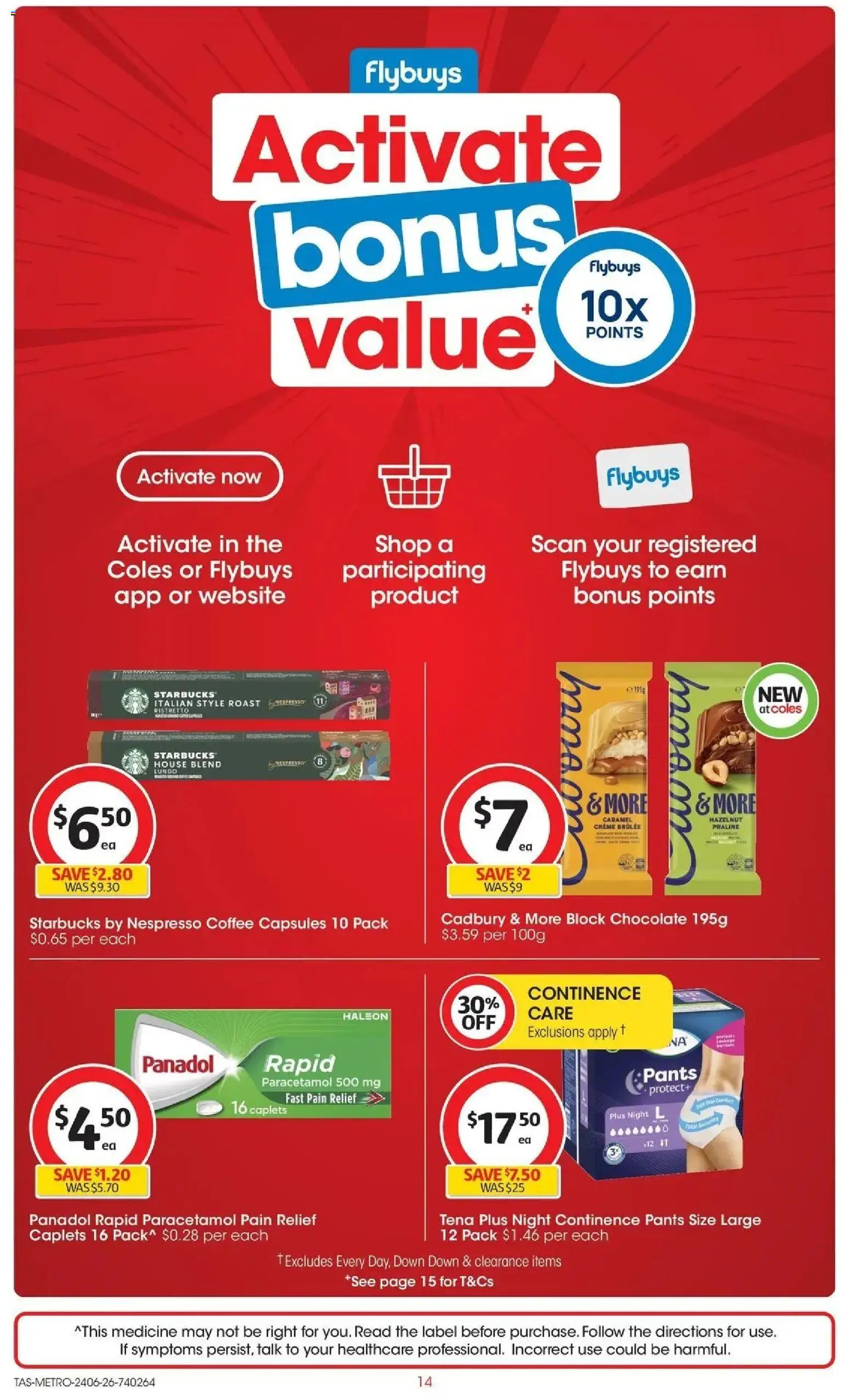 Coles catalogue - valid from 24/06/2026 | Page: 14 | Products: Coffee, Chocolate, Pants, Pain relief