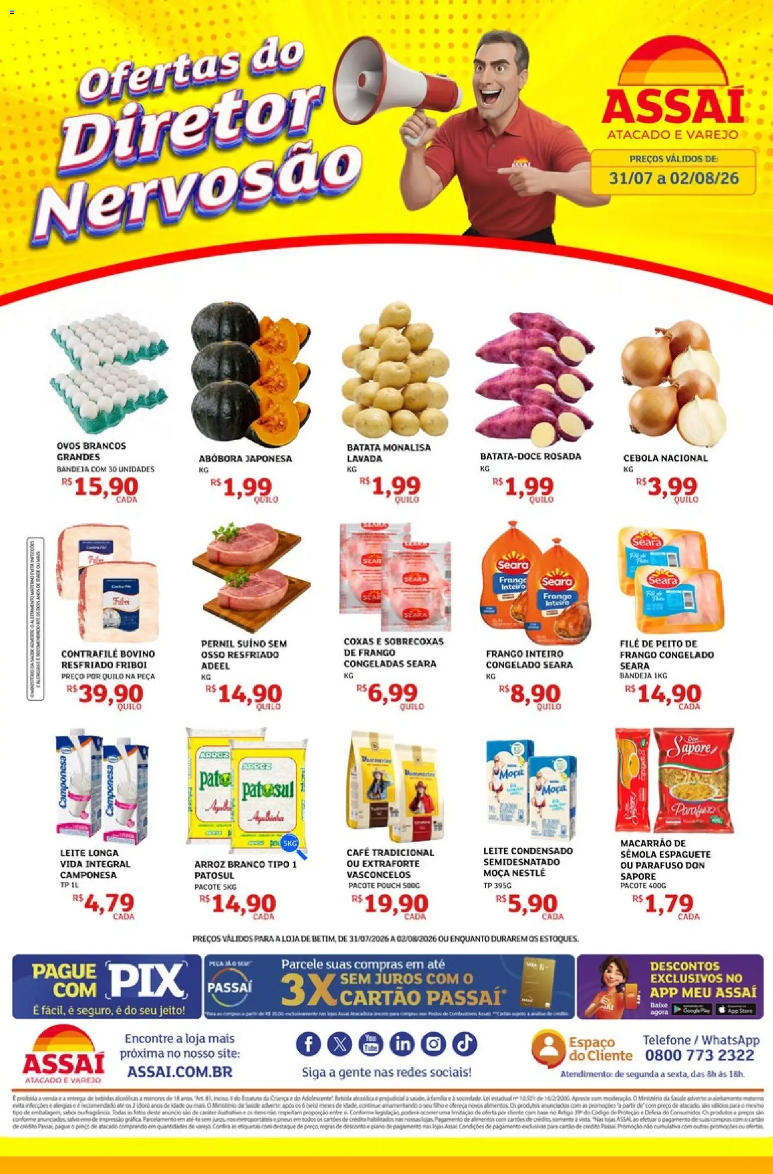 Assaí Atacadista Folheto - válido de 31/07/2026 | Página: 1 | Produtos: Cebola, Leite, Arroz, Leite condensado