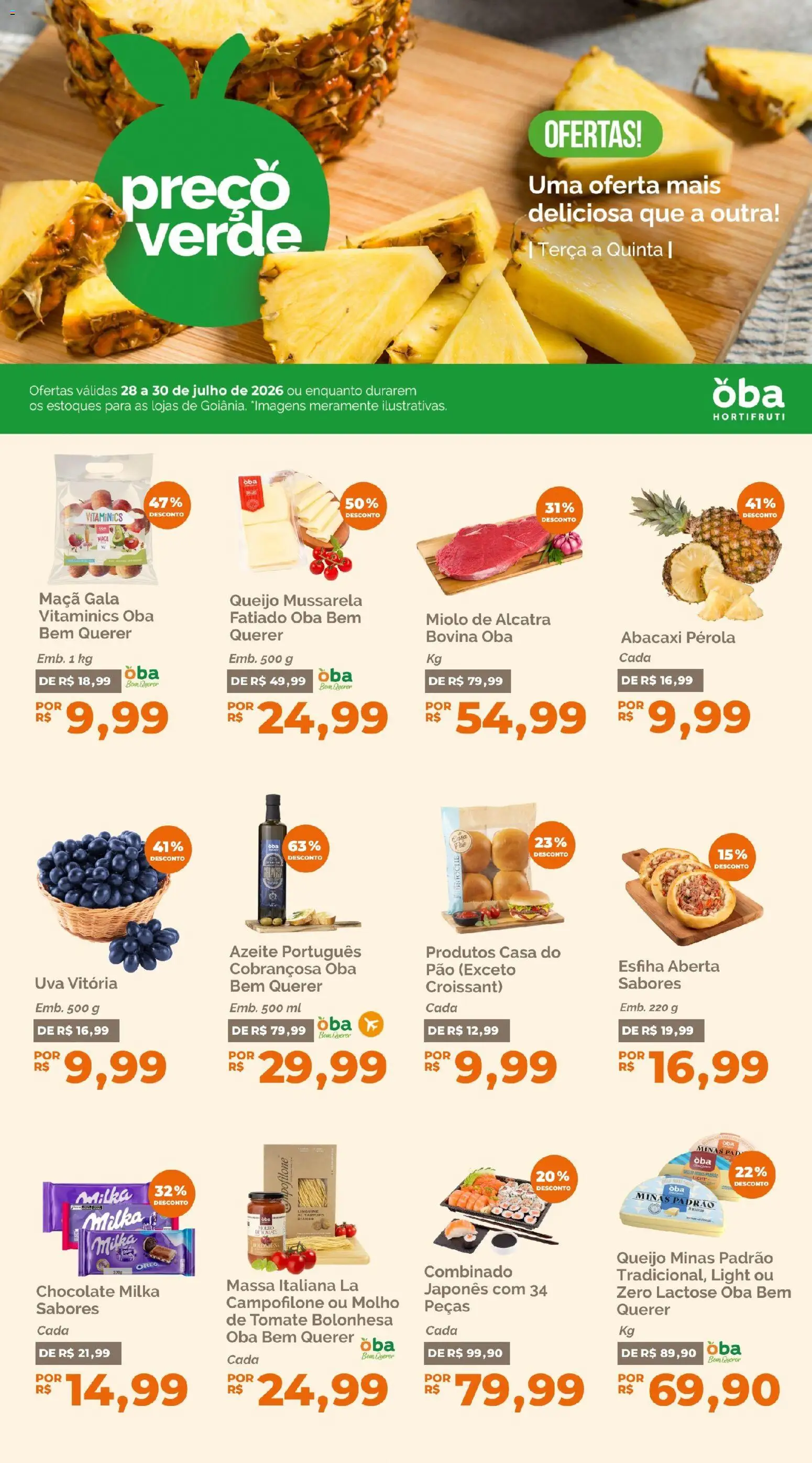 Oba Hortifruti Folheto - válido de 28/07/2026 | Página: 1 | Produtos: Alcatra, Queijo, Massa, Azeite