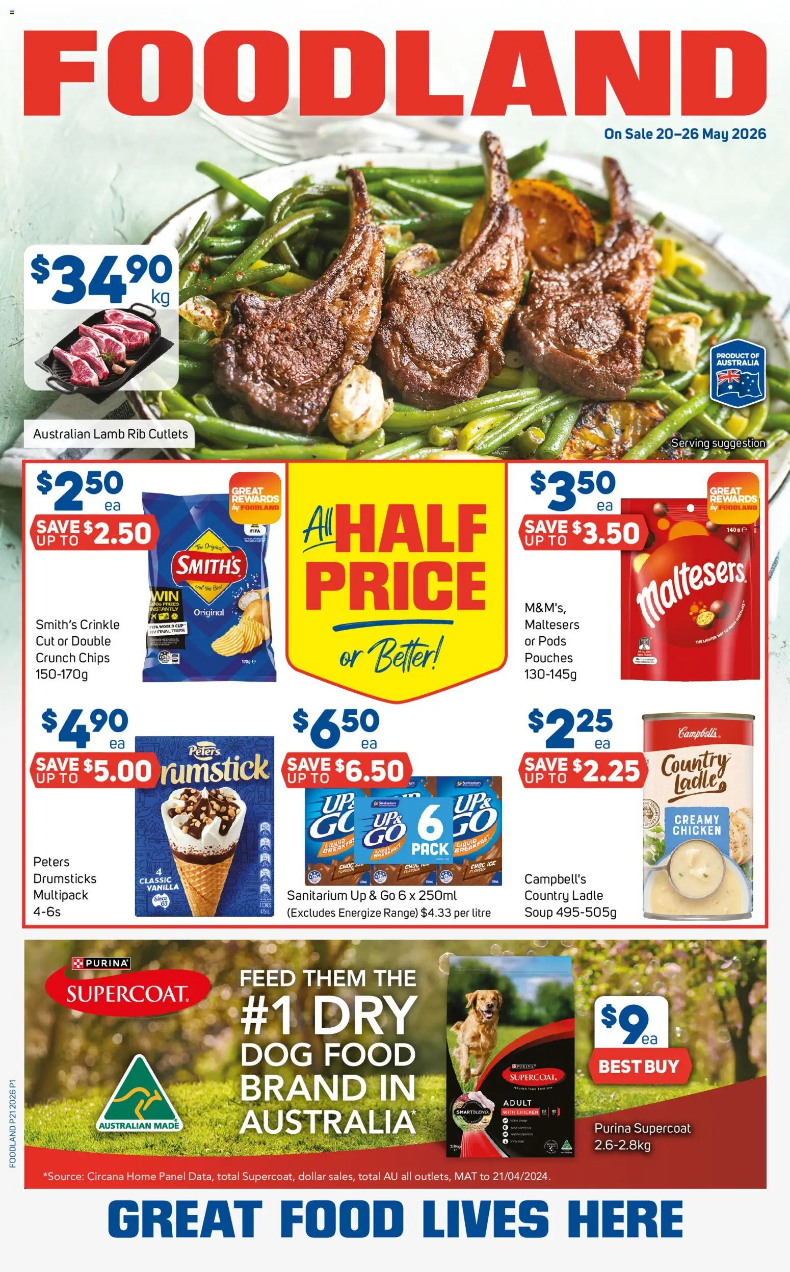 Foodland catalogue - valid from 20.05.2026 | Page: 1 | Products: Lamb, Chips, Dog food, Up & go
