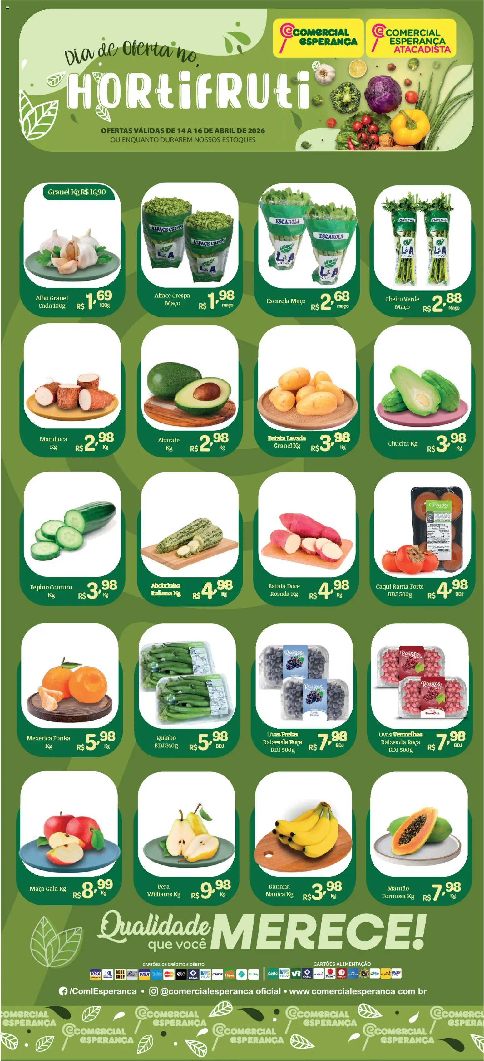 Comercial Esperança Folheto - válido de 14.04.2026 | Página: 1 | Produtos: Chuchu, Alho, Quiabo, Alface