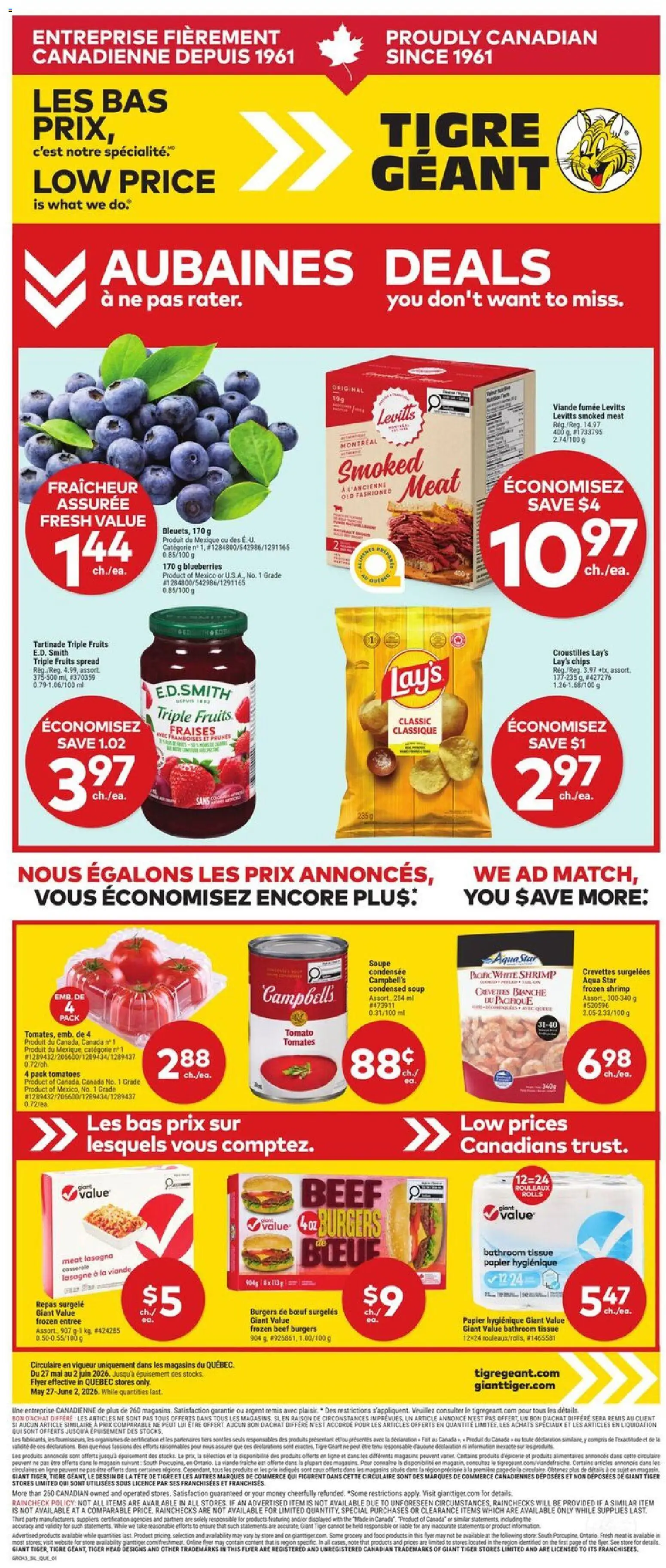 Giant Tiger flyer valid from 27.05.2026 | Page: 1 | Products: Beef, Chips, Tomatoes